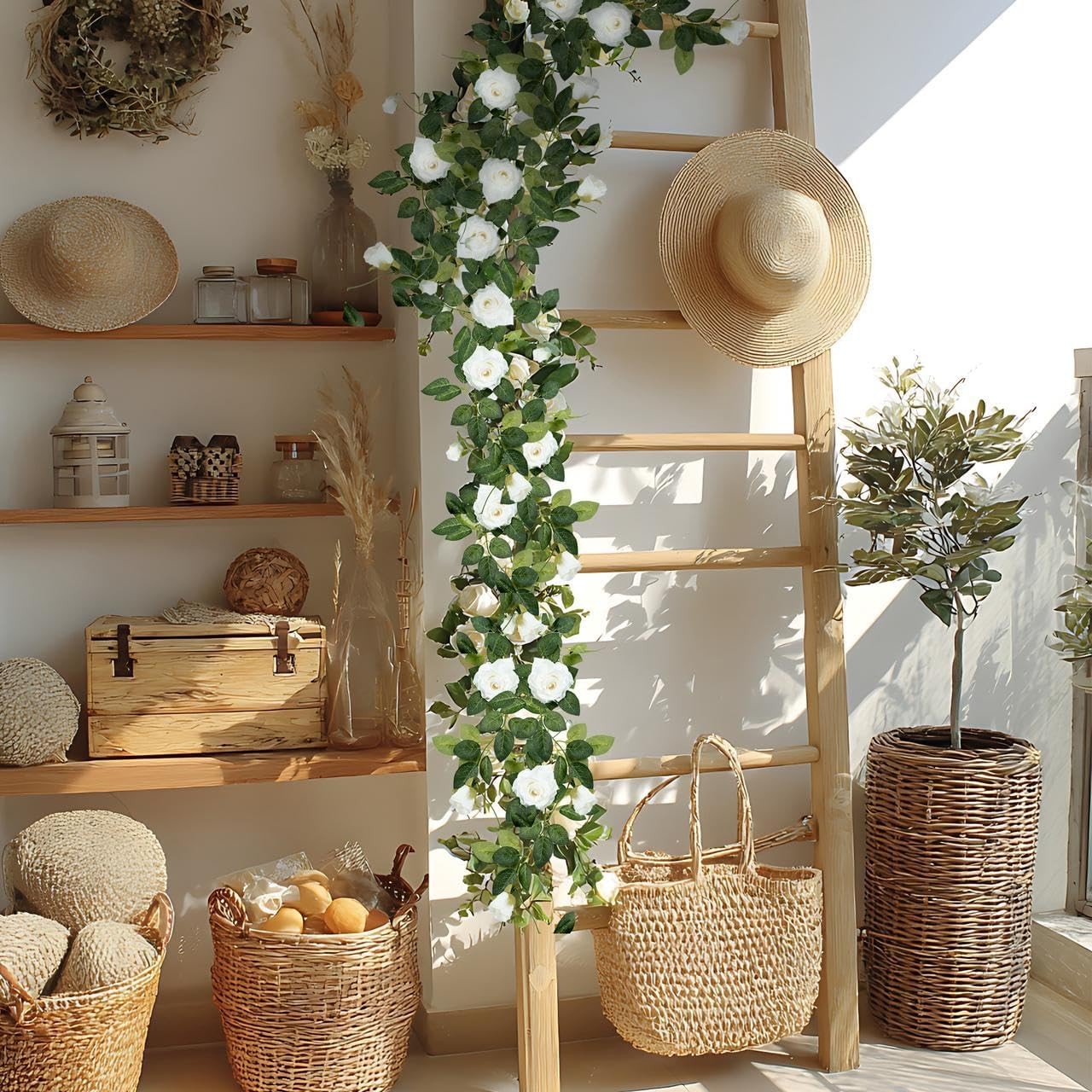 5Pcs 32.5FT Flower Garland Artificial Rose Vine White Fake Silk Floral Hanging