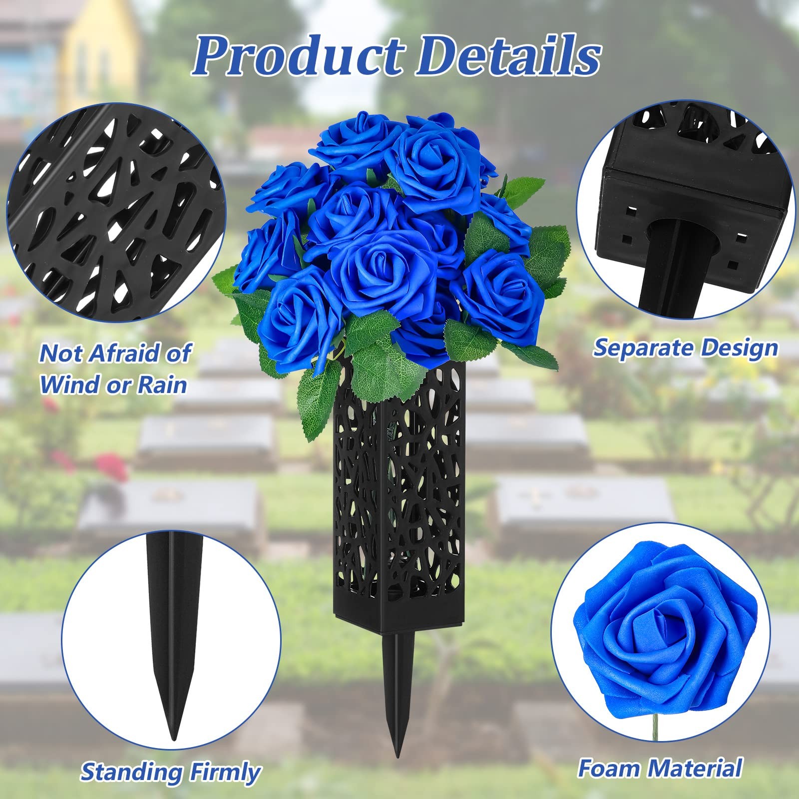 50 Artificial Cemetery Flowers with 2 Cemetery Vase Blue Rose Floral Grave De…
