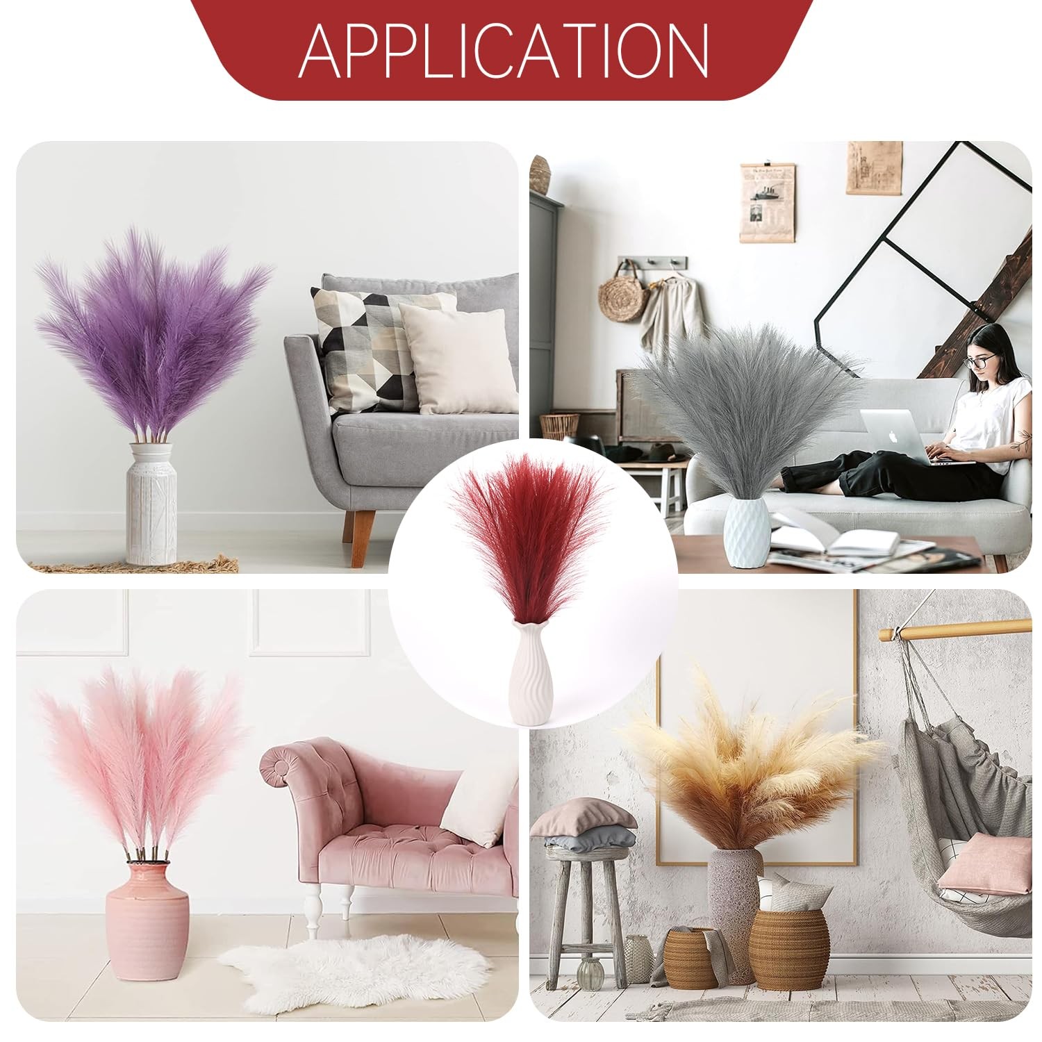 Faux Pampas Grass Decor ， 21.7 Inch Artificial Pampas Grass, Wine Red Reed Gr…