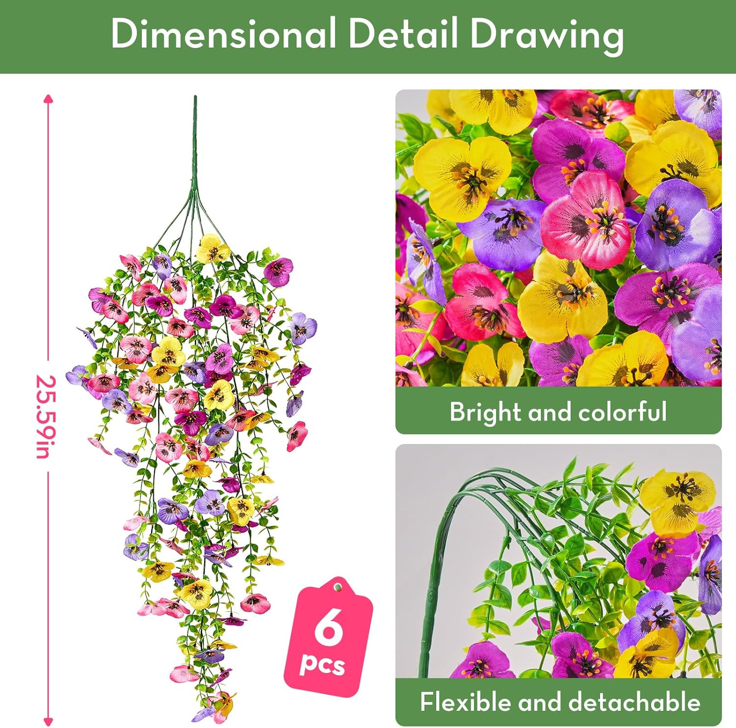 Flores Artificiales Colgantes Exterior de 6PCS Pensamientos Colores Mezclados