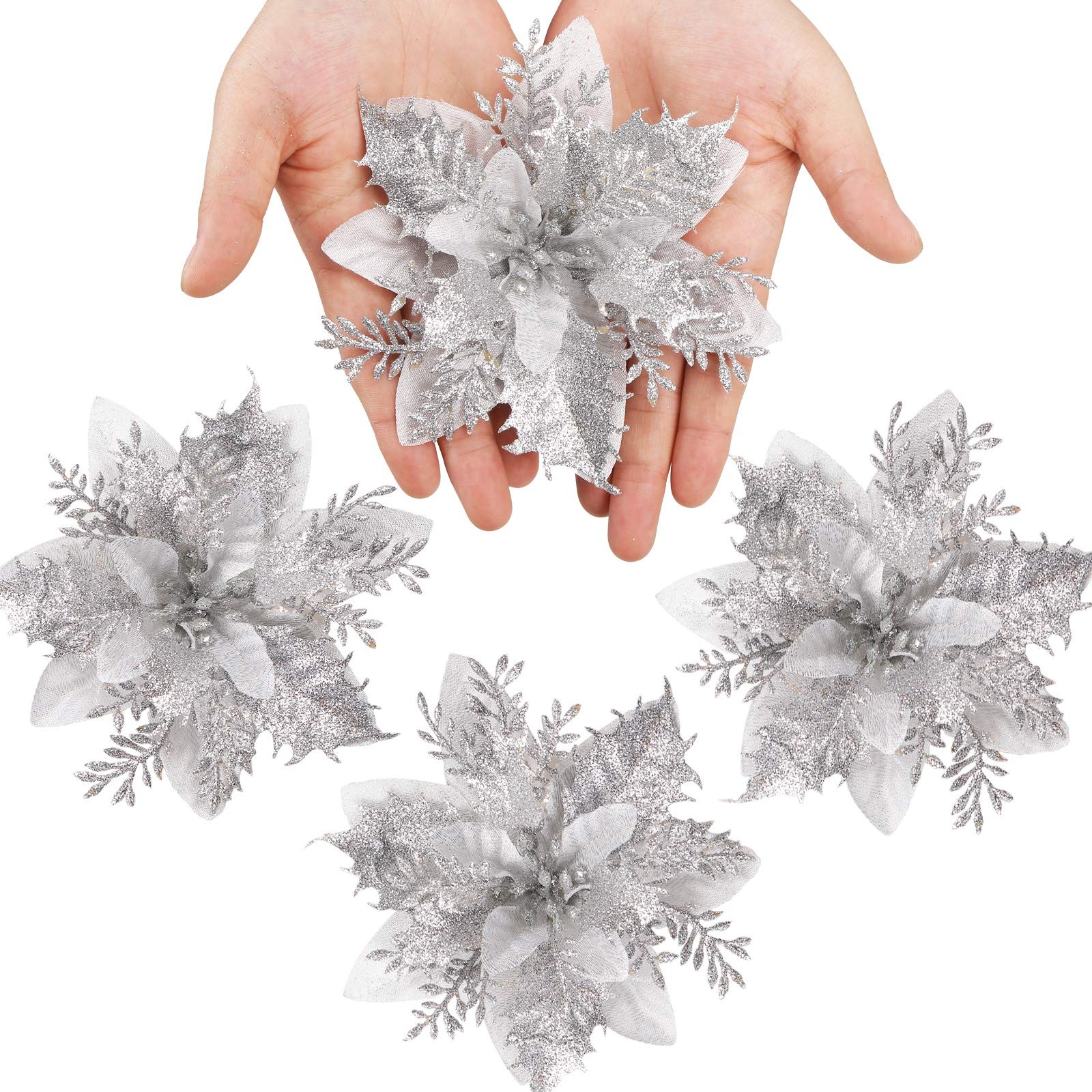 Greentime 12 Pcs 14cm / 5.5in Silver Poinsettia Artificial Flowers with Clips