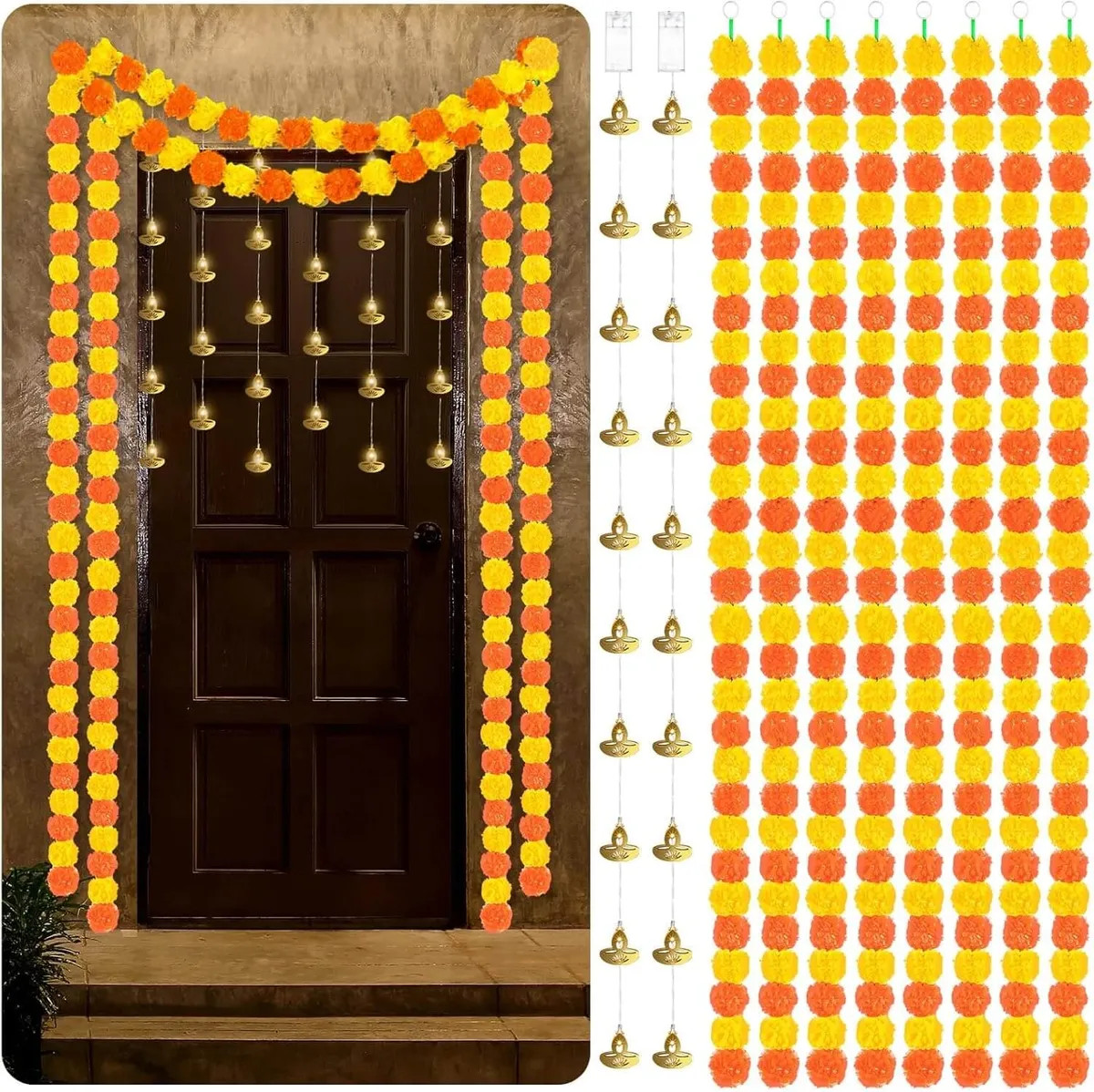 10 Pcs Diwali Decoration Set 5ft Artificial Marigold Garland 6.56ft String Light