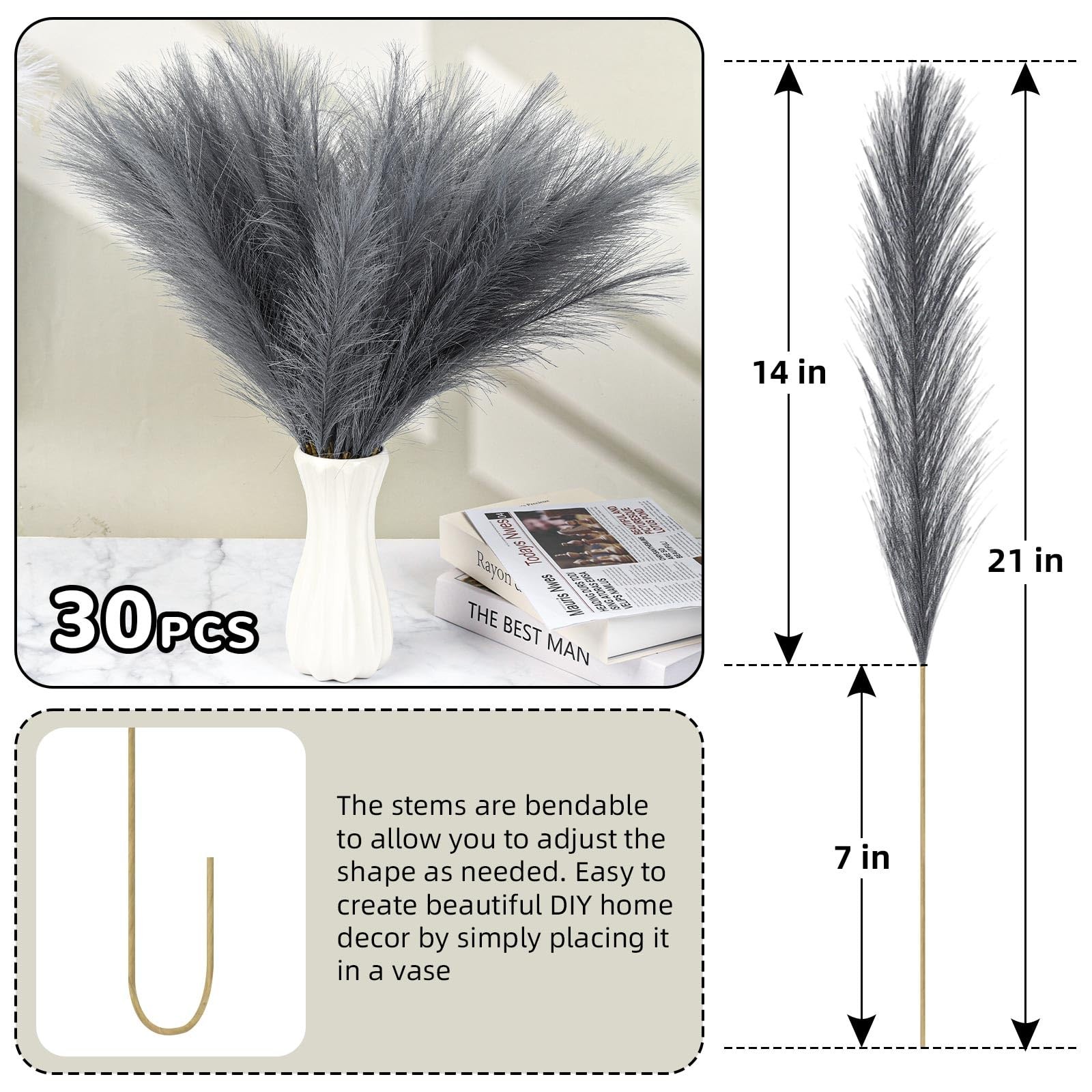 21 Inch Gray Artificial Faux Pampas Grass Small Vase Filler Decor 30 PCS