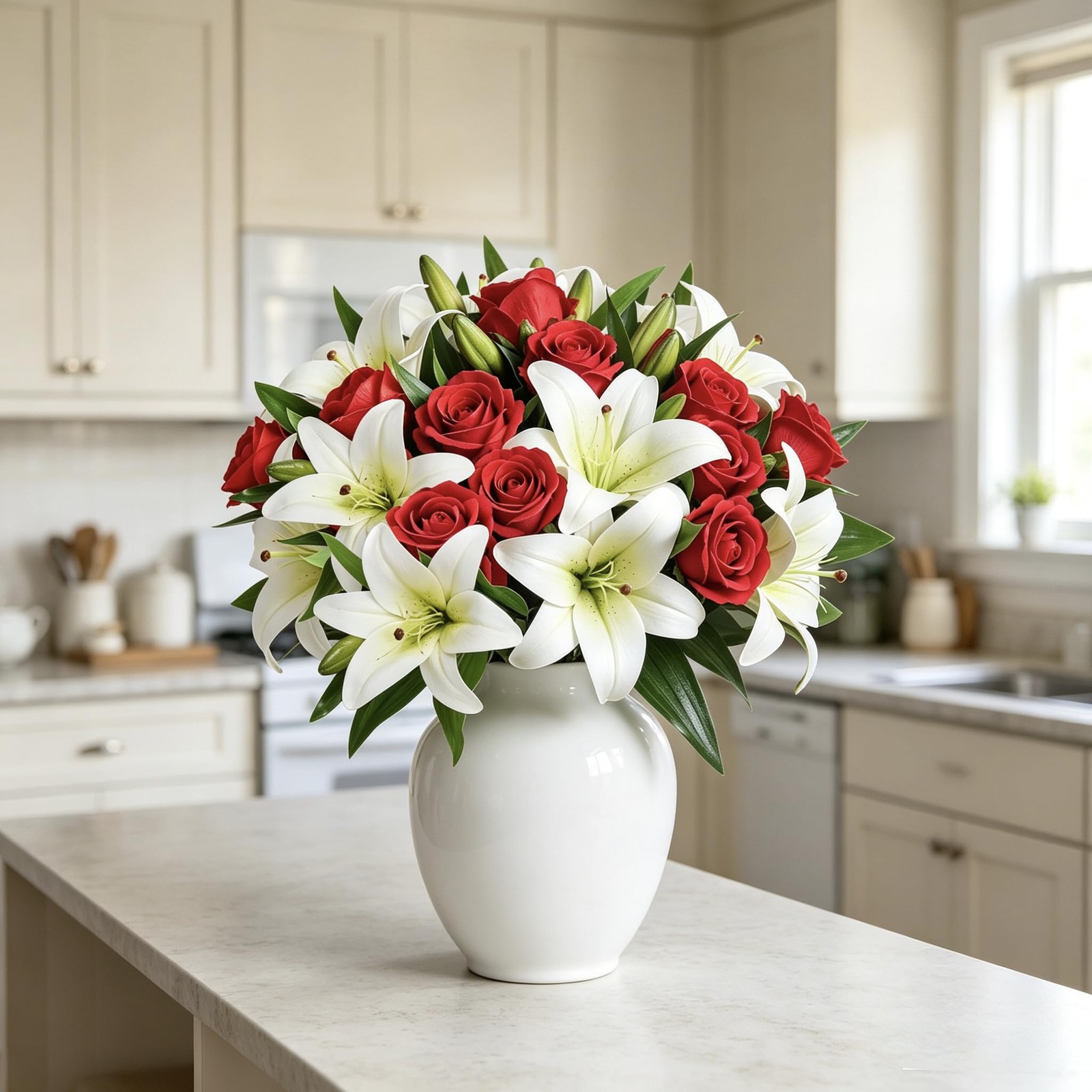 Artificial Flower Arrangement Lilies Velvet Roses Bouquet 22 Pcs Red White