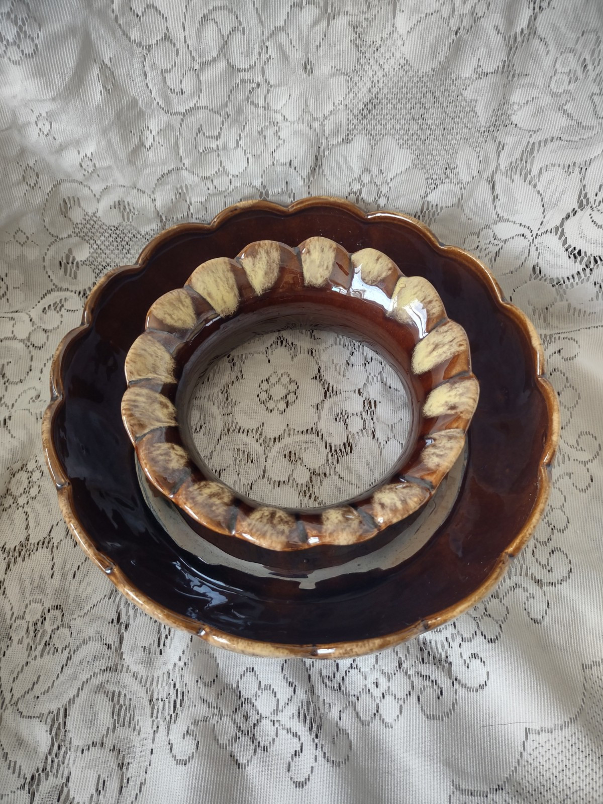 Vintage Ceramic Brown Drip Glazed Flower Ring Table Bowl