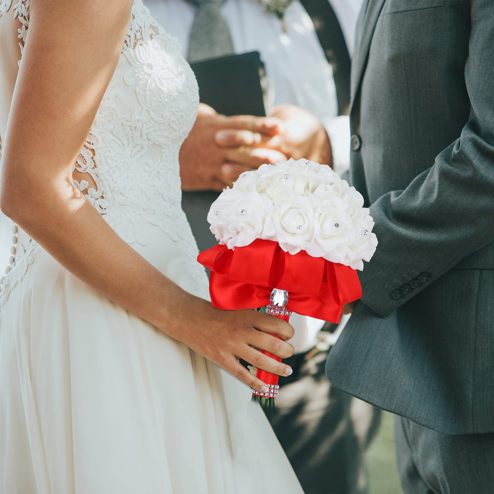Wedding Bouquet Red Bridesmaid Bridal Crystals Soft Ribbons Artificial Flowers