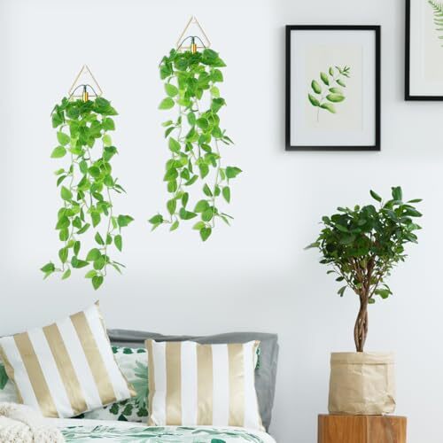 2 Pcs Hanging Planters with Artificial Plants Metal Hanging Vase Indoor