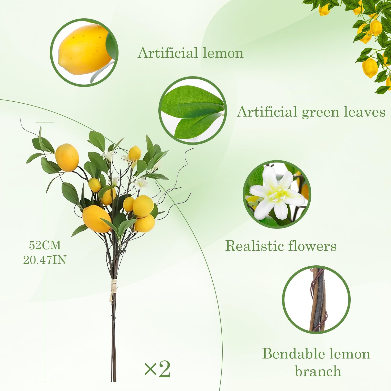2 Bunches Artificial Lemons Branches, 16 Heads Fake Lemon Branches with Lemon…