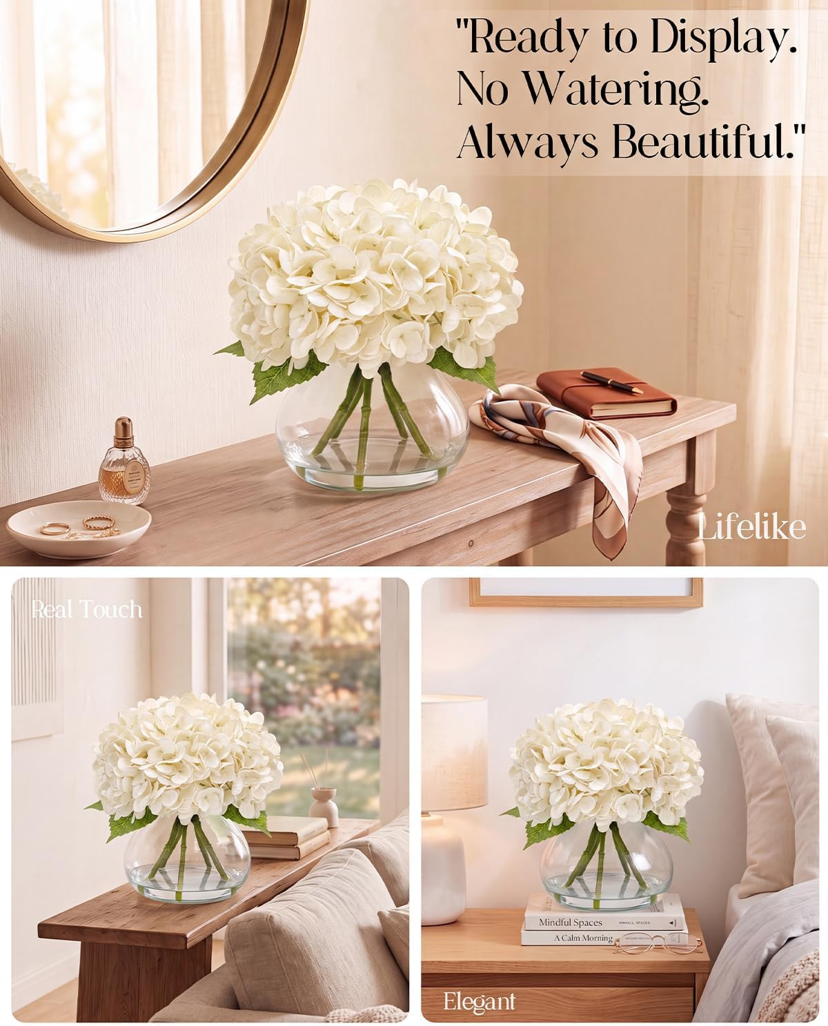 Realistic White Hydrangea Artificial Flowers with Vase for Home Decor