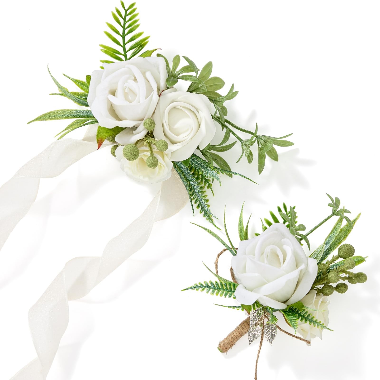 White Rose Bride Wrist Corsage And Groom Boutonniere Set Wedding Prom Decor