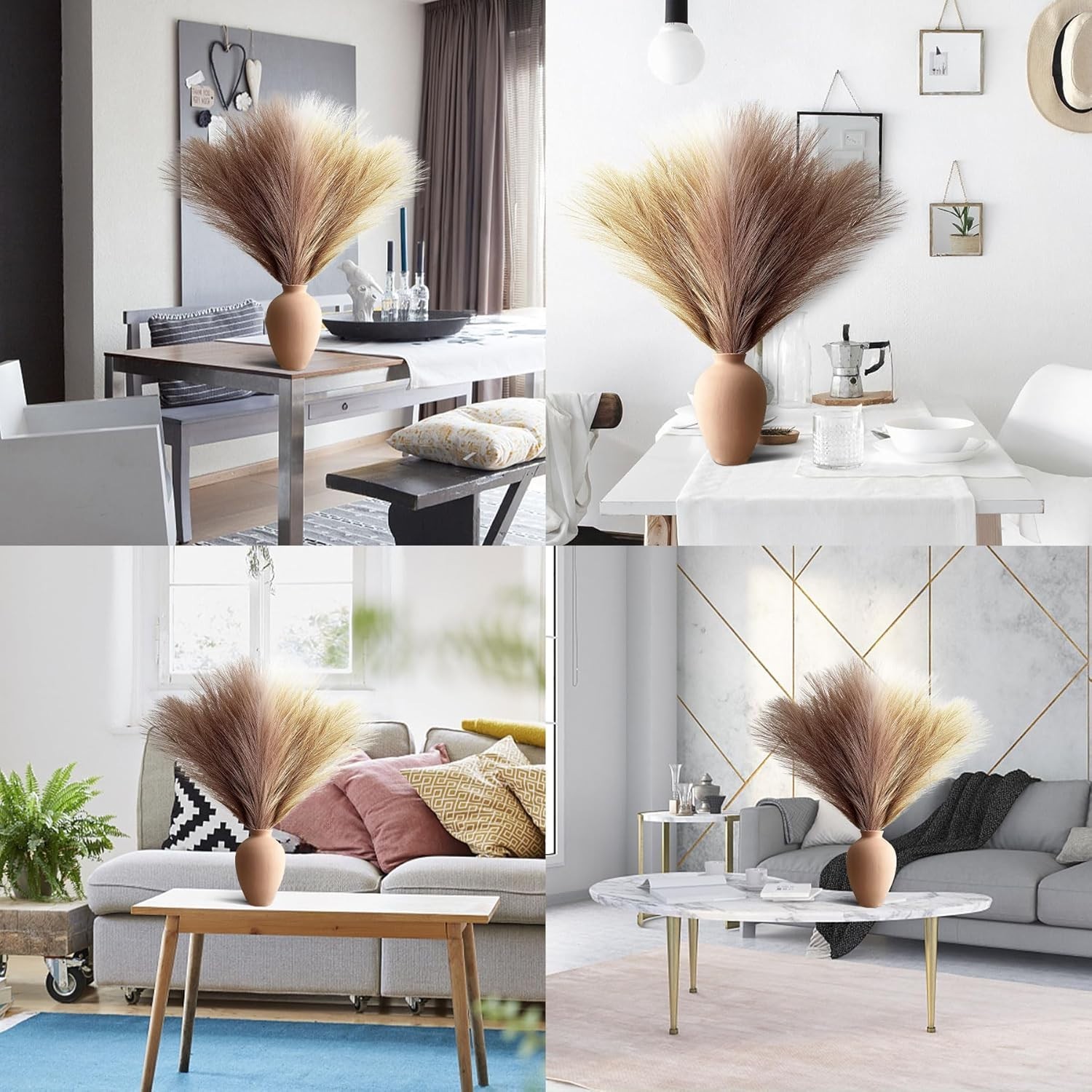 Boho Faux Pampas Grass 6 Stems Beige Curry Brown Silk Artificial Flower Decor