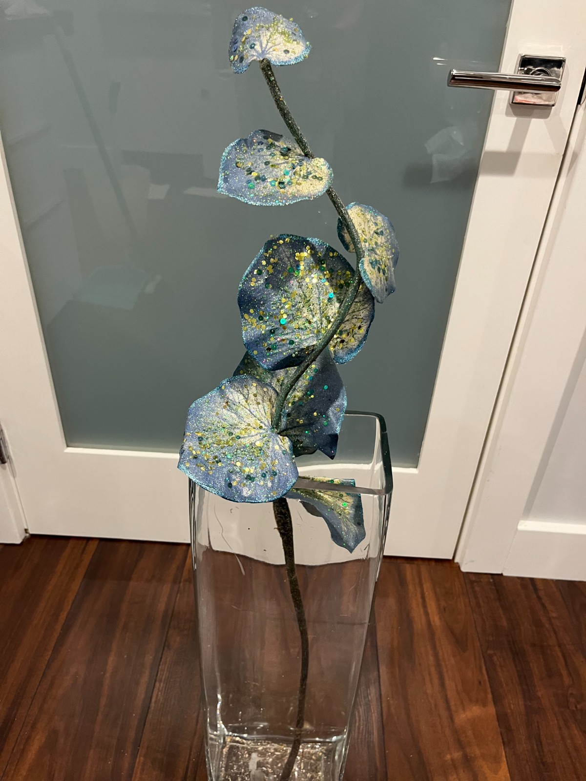 Blue-Green Sequin Leaf Spray Stem – Approximately 39” Glitter Faux Flower