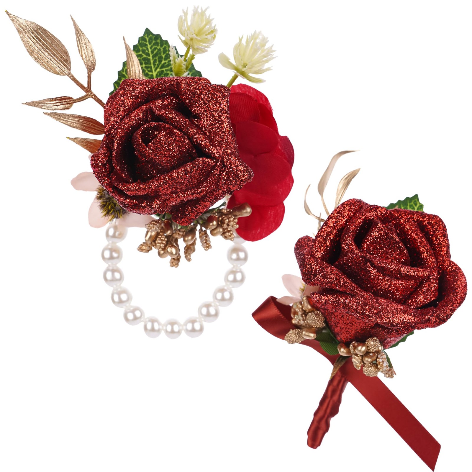 2 PCS Red Rose Boutonniere Corsage Set Artificial Flower Wristlet Wedding