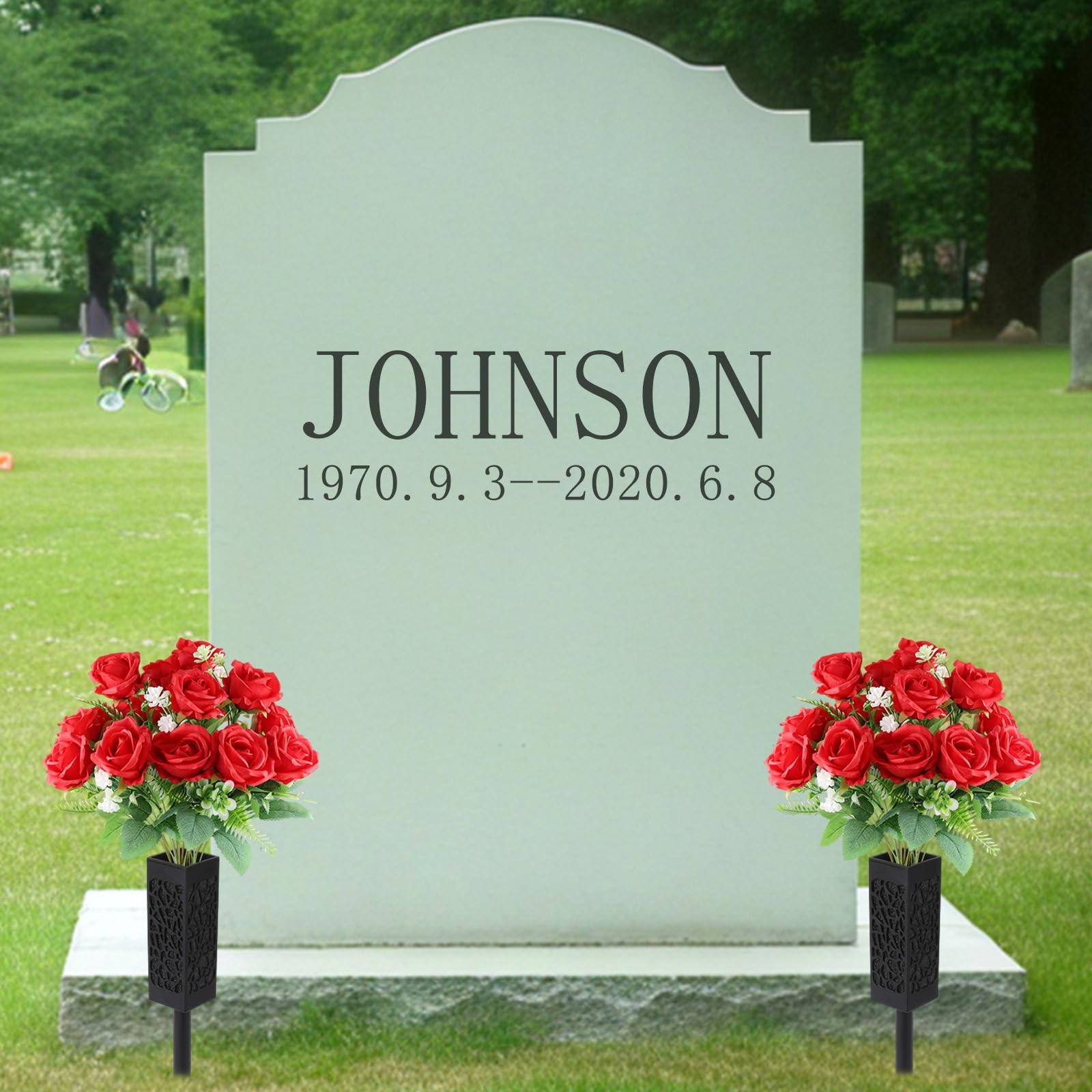 2 Pcs Red Silk Memorial Artificial Rose Flowers Cemetery Grave Vase Headstone