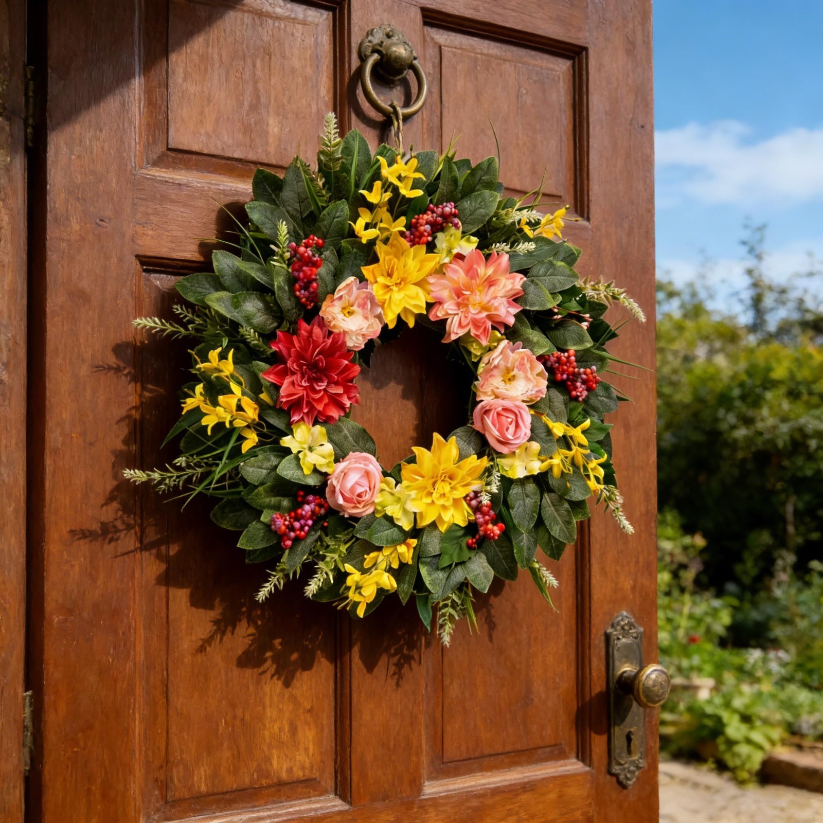 24″ Eucalyptus Wreath with Sunflowers & Daisies – All Season Door Decor, Indoor/