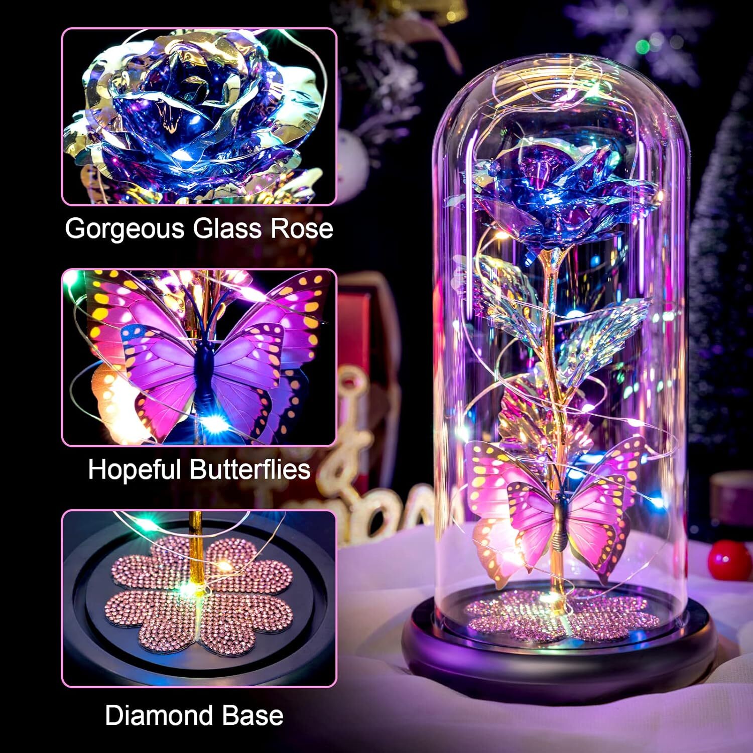 Purple Glass Rose With Butterfly And Heart Crystals Led Light Mother’s Day Gift