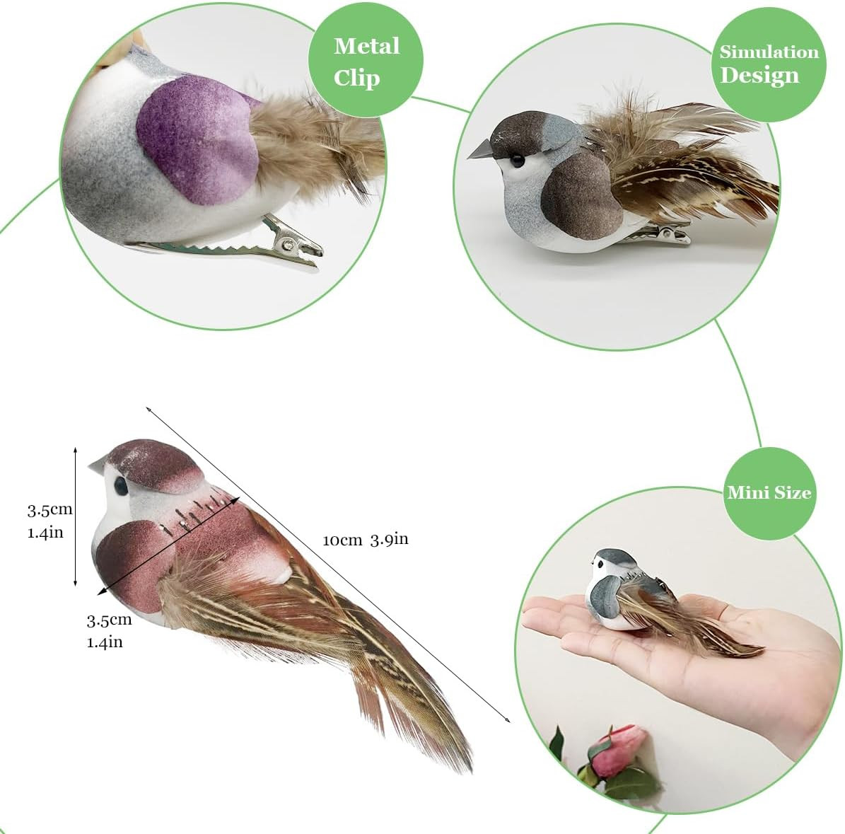 6Pcs 3.9-Inch Fake Birds Sparrow Foam Feather Artificial Birds Realistic Clip on