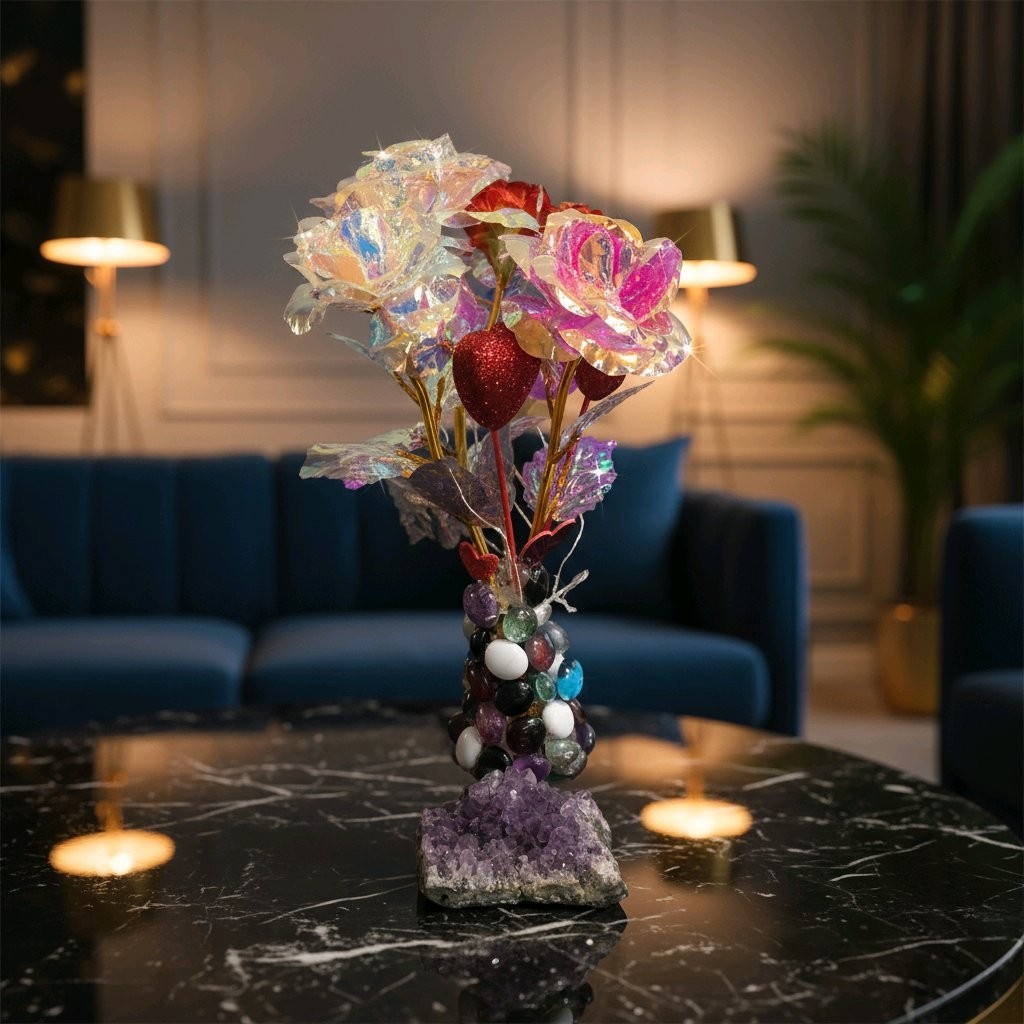 Floral Arrangement With Vase And Lights-New-Hand Crafted