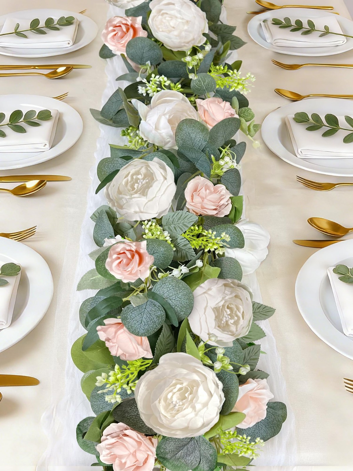 2 Pack 13FT Eucalyptus Flower Garland with White Peony & Pink Rose, Fake Floral