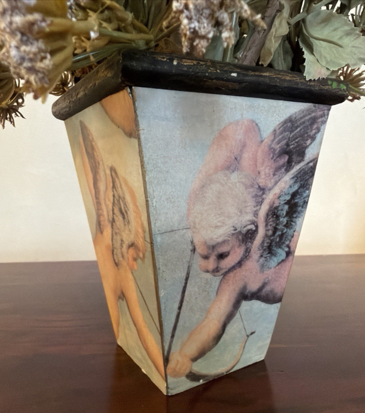 Faux Yellow Crepe Paper Roses in Cherub Vase