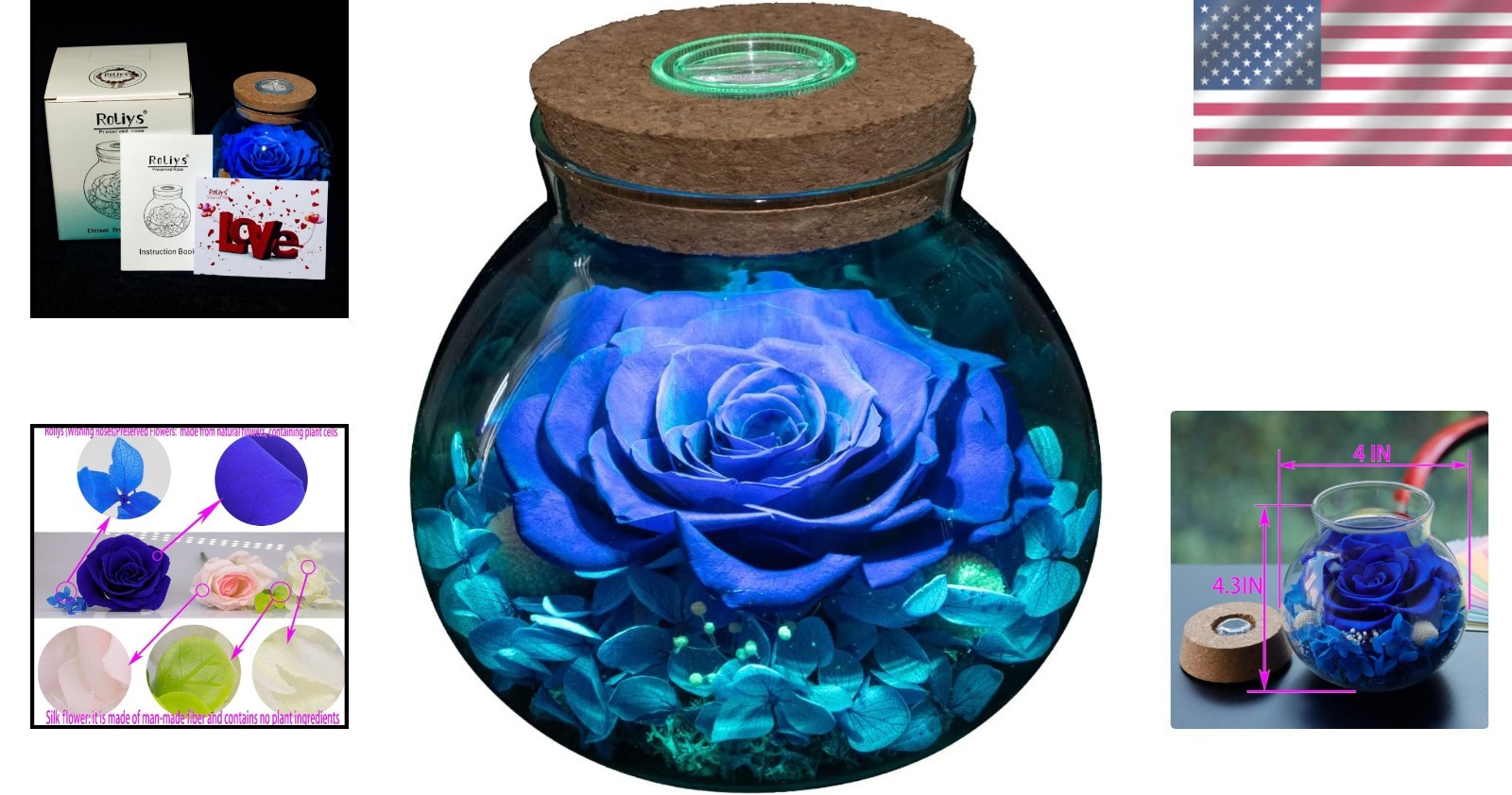 Blue Preserved Rose with LED Light, Glass Bottle