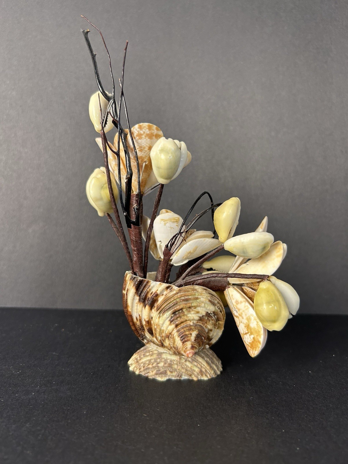 Vintage Cottagecore Kitschy Hand Made Sea Shell Floral Arrangement 6”x4”