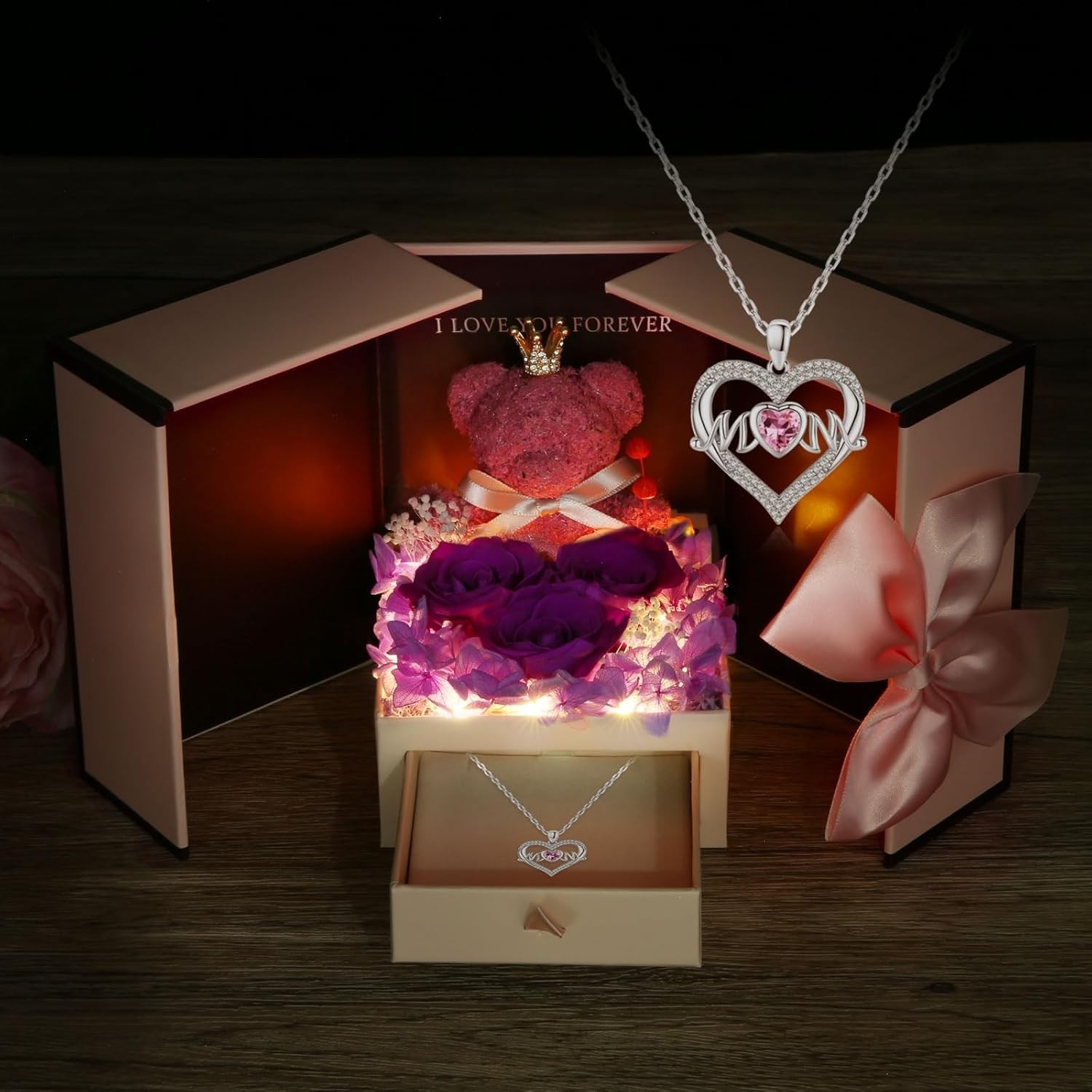 NEW I Love You Gifts for Mom Preserved Flowers Rose Bear Heart Necklace