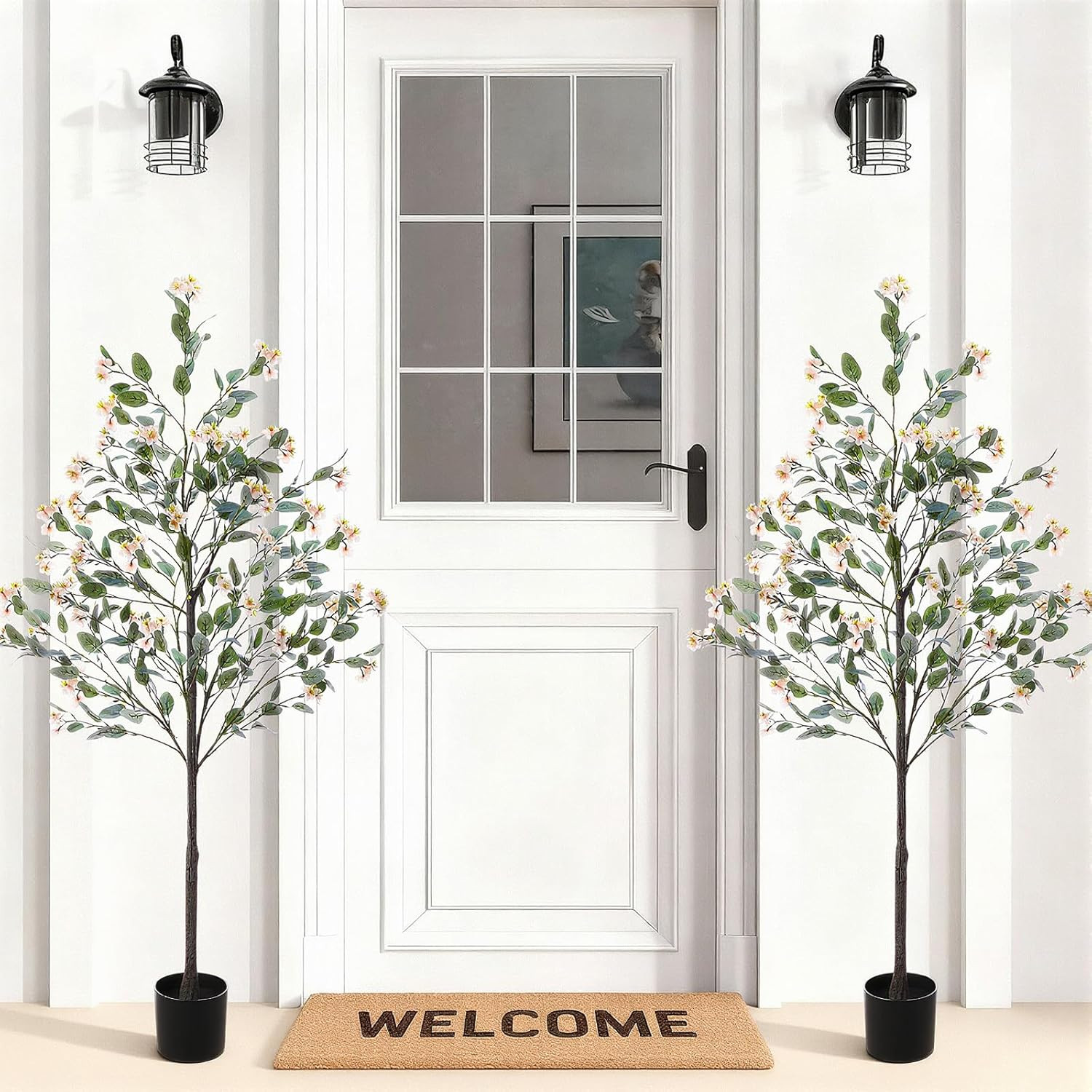 5Ft Faux Eucalyptus Trees with Bougainvillea – 2 Pcs Orange Decor