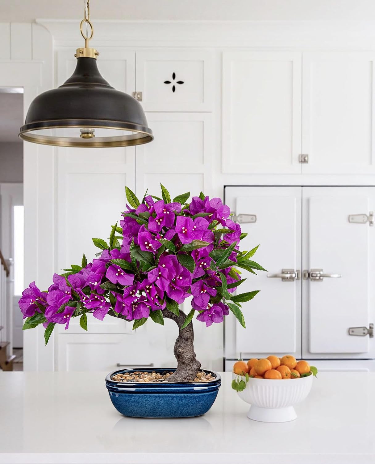 18.5in Artificial Bougainvillea Bonsai Tree Silk Plant Blue Pot Purple Decor Zen