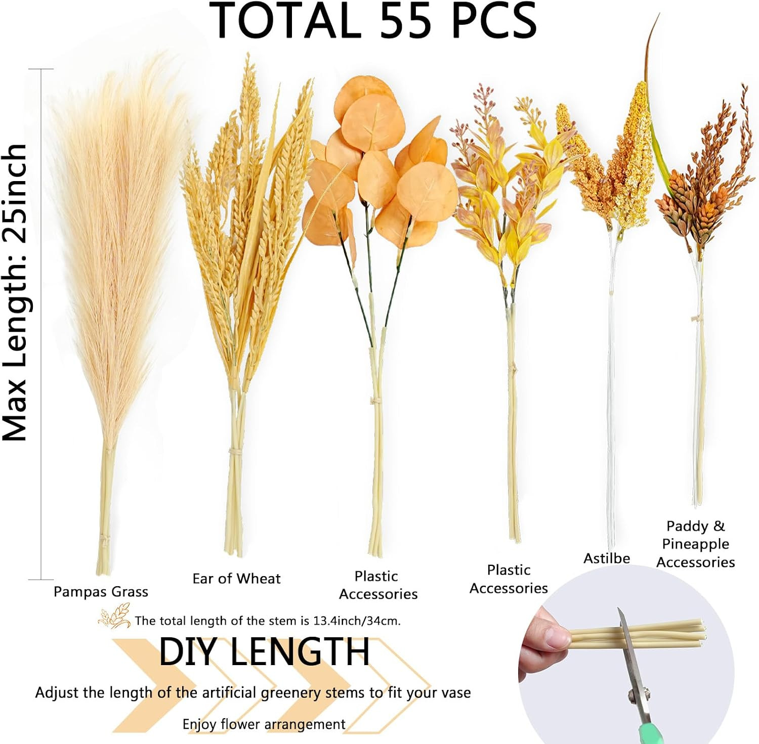 Artificial Greenery Stems, 55Pcs Box Set for Wedding, Home & Office | 13 Kinds F