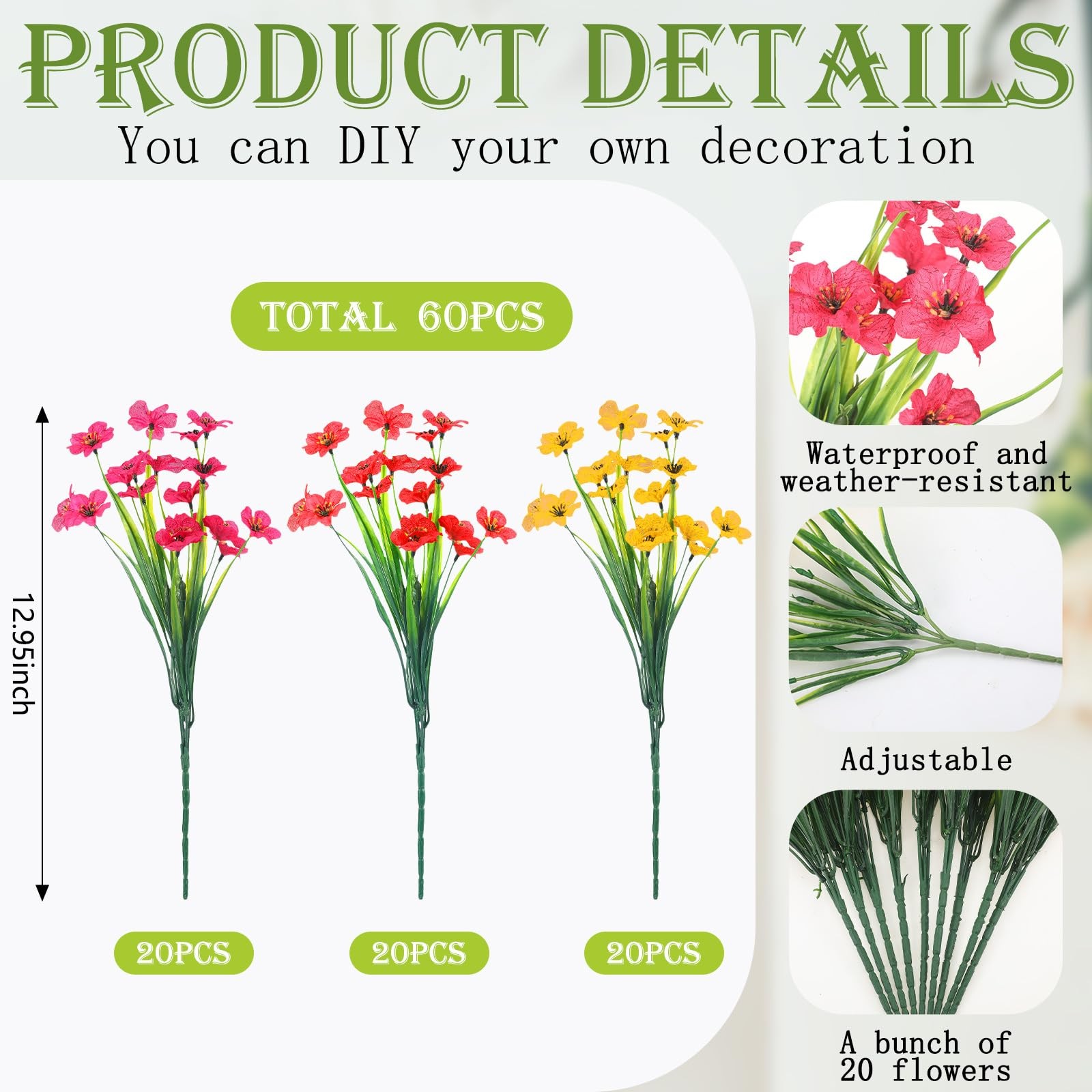 60 Bundles Spring Artificial Flowers for Outdoor Plastic UV Resistant Fake Fl…