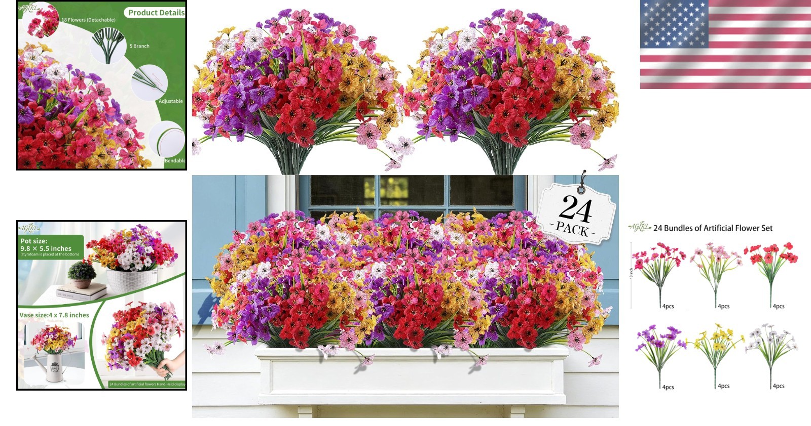 Realistic 24 Bundles of Artificial Flowers for -Round Indoor & Outdoor Use