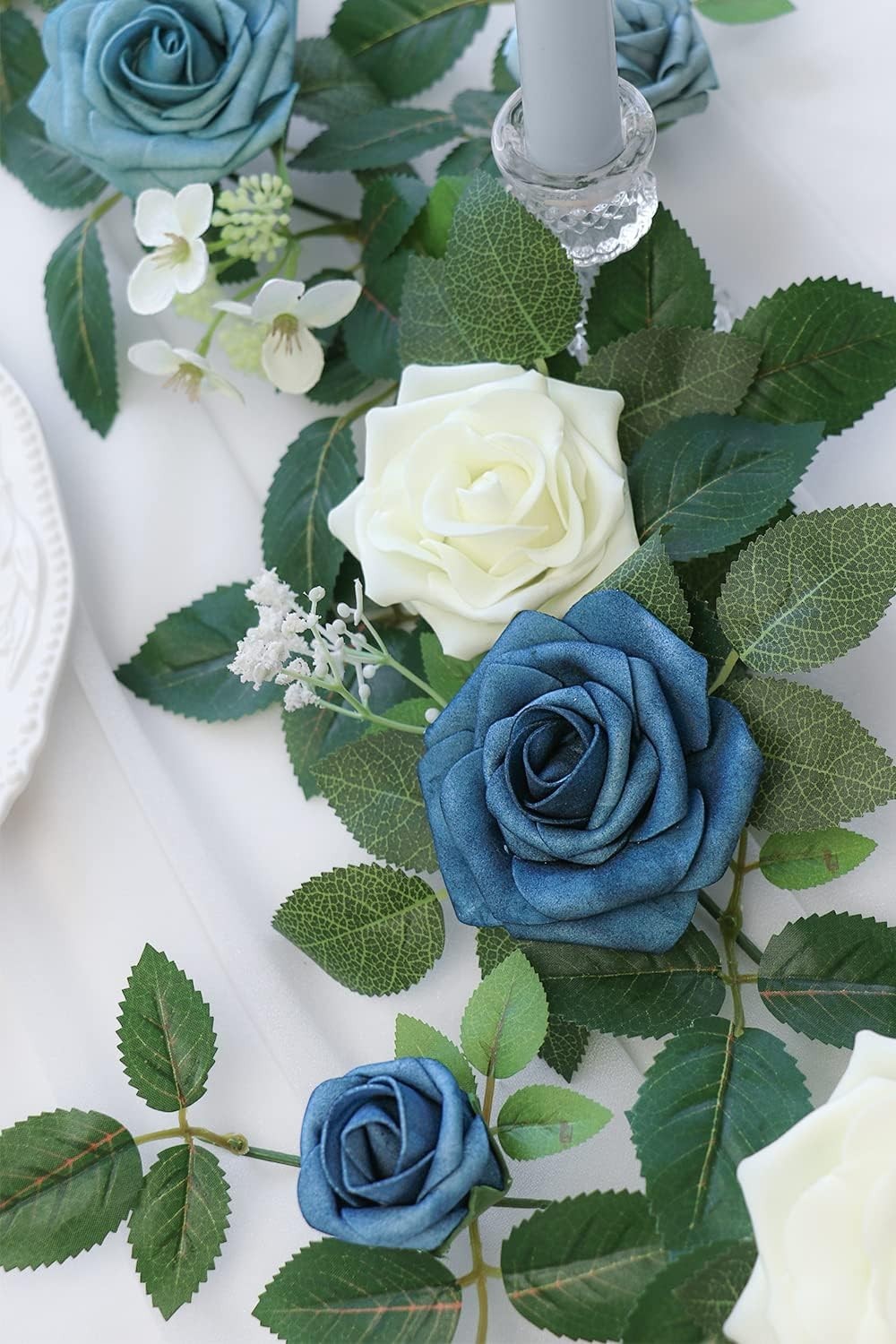 Guirnalda de rosas artificiales de 5 pies, hecha a mano, con flores color azul