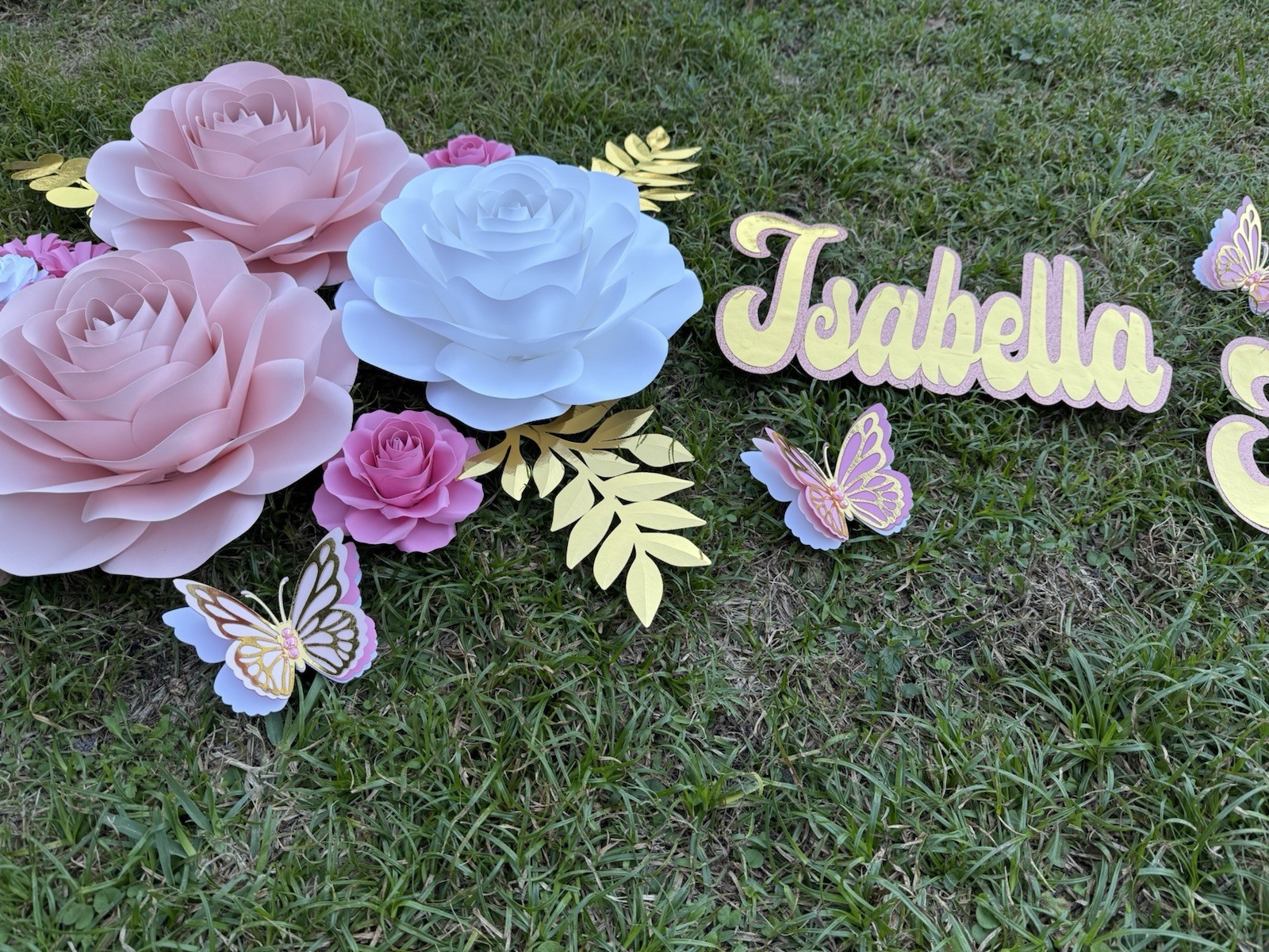 Personalized Artificial Rose & Butterfly Flower Wall Decor Set, Pink/Blue/Gold