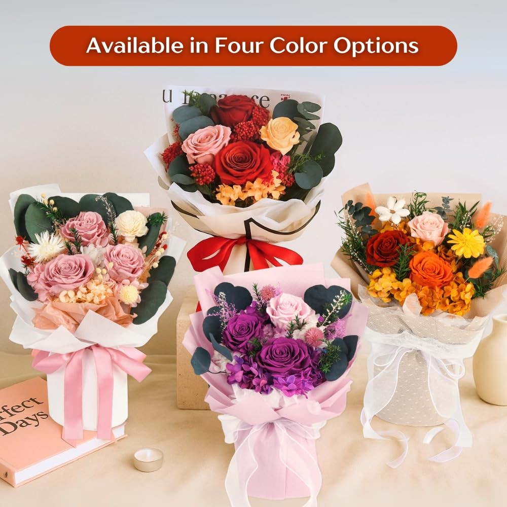 Forever Flowers Bouquet, Preserved Long-Lasting Orange Roses, Vase-Ready Arra…