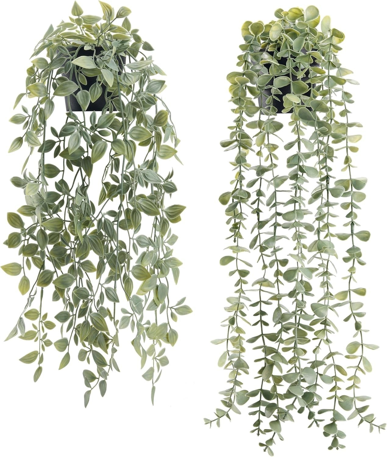 Realistic Faux Eucalyptus & Pea Pod Plants in Elegant Black Pots – 2-Piece Set