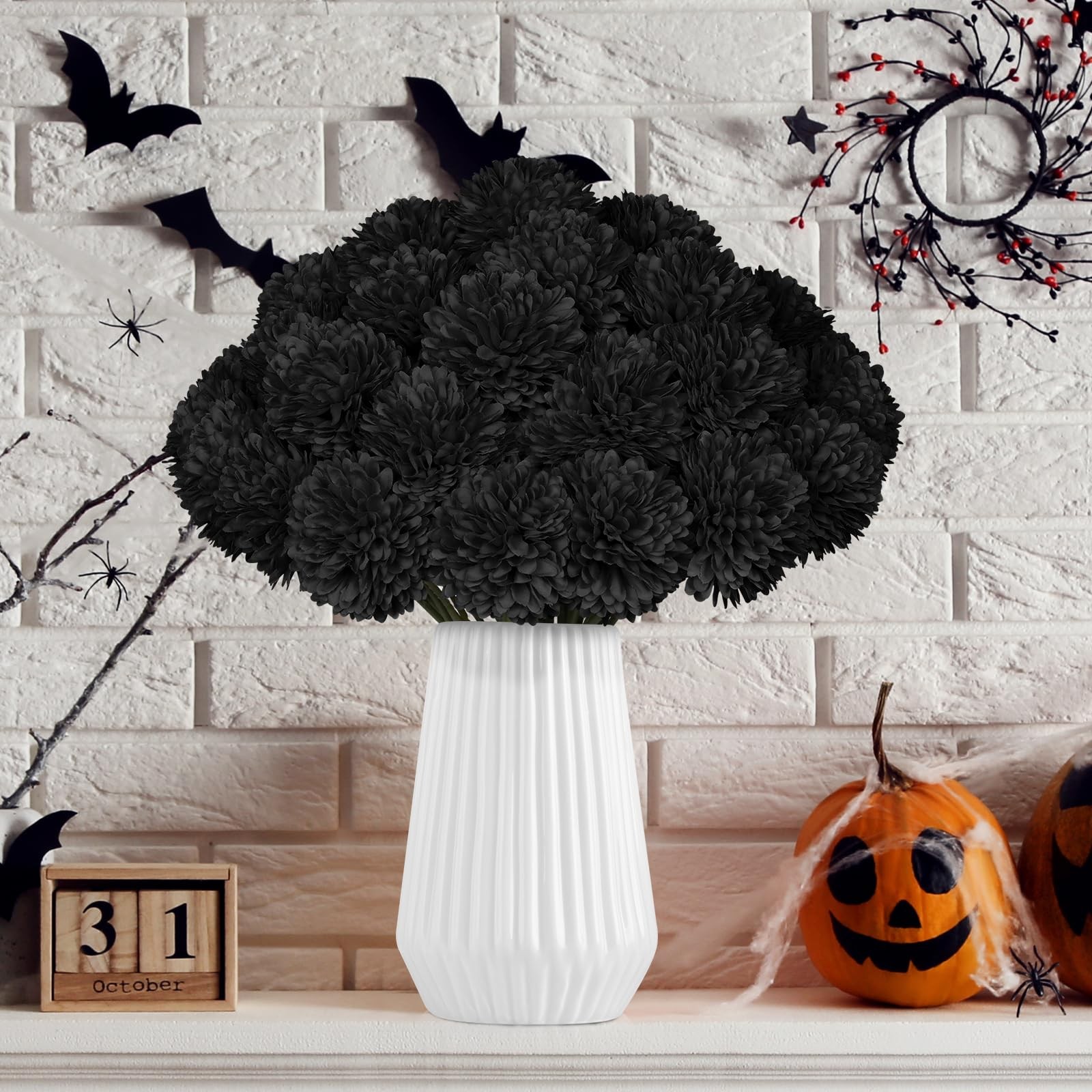 36 PCS Black Artificial Chrysanthemums Silk Fake Mums Halloween Gothic Decor
