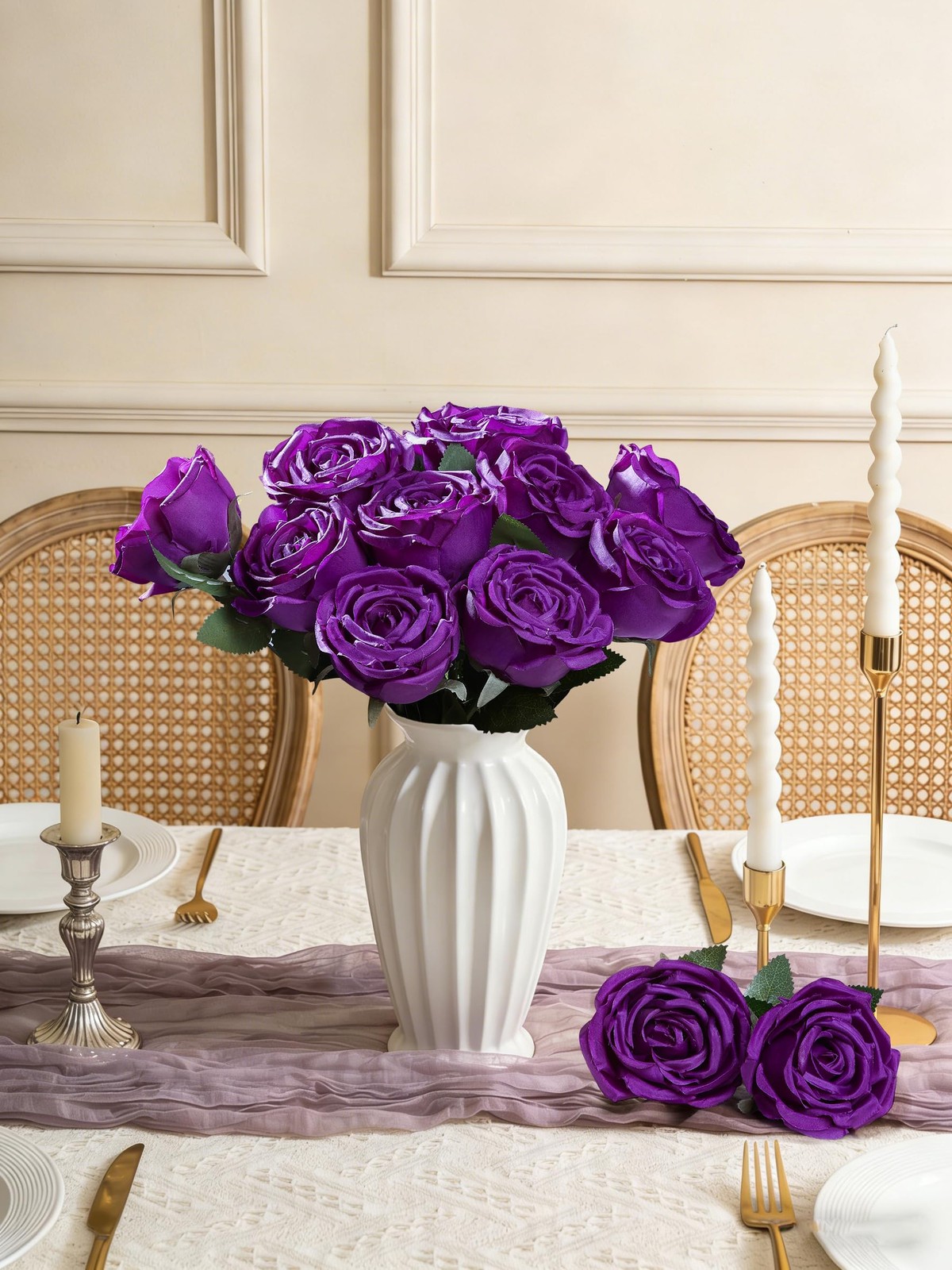 10 Pcs Purple Fake Roses, Silk Artificial Flowers with Long Stems,Realistic F…