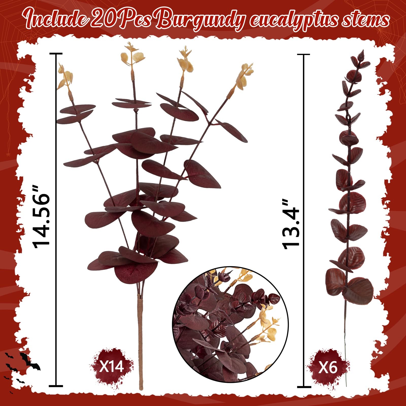 20PCS Dark Wine Red Halloween Eucalyptus Stems Artificial Fake Flowers Bulk D…
