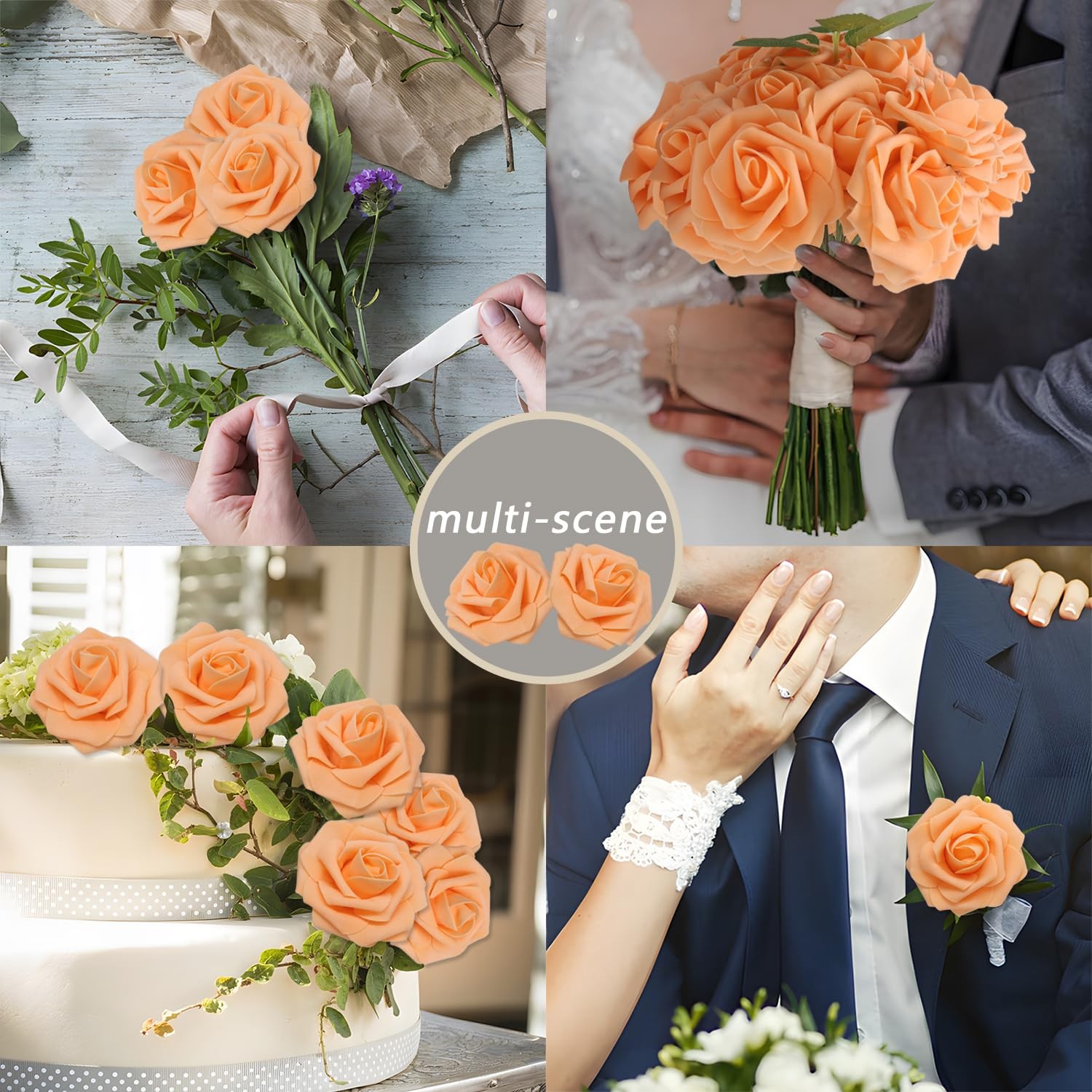 200PCS Orange Realistic Roses – Artificial Latex Foam Flowers with Bendable S…