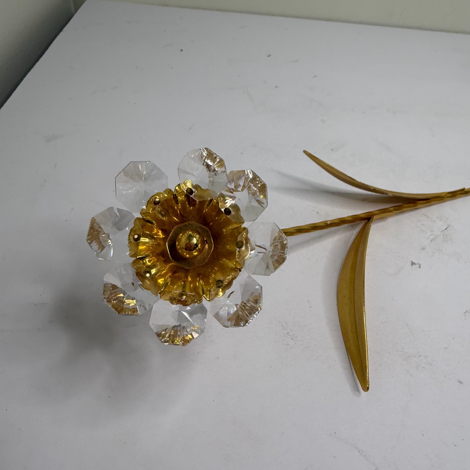 Vintage Crystal Beaded Flower Stem Gold Tone Metal Floral Decor Accent Piece