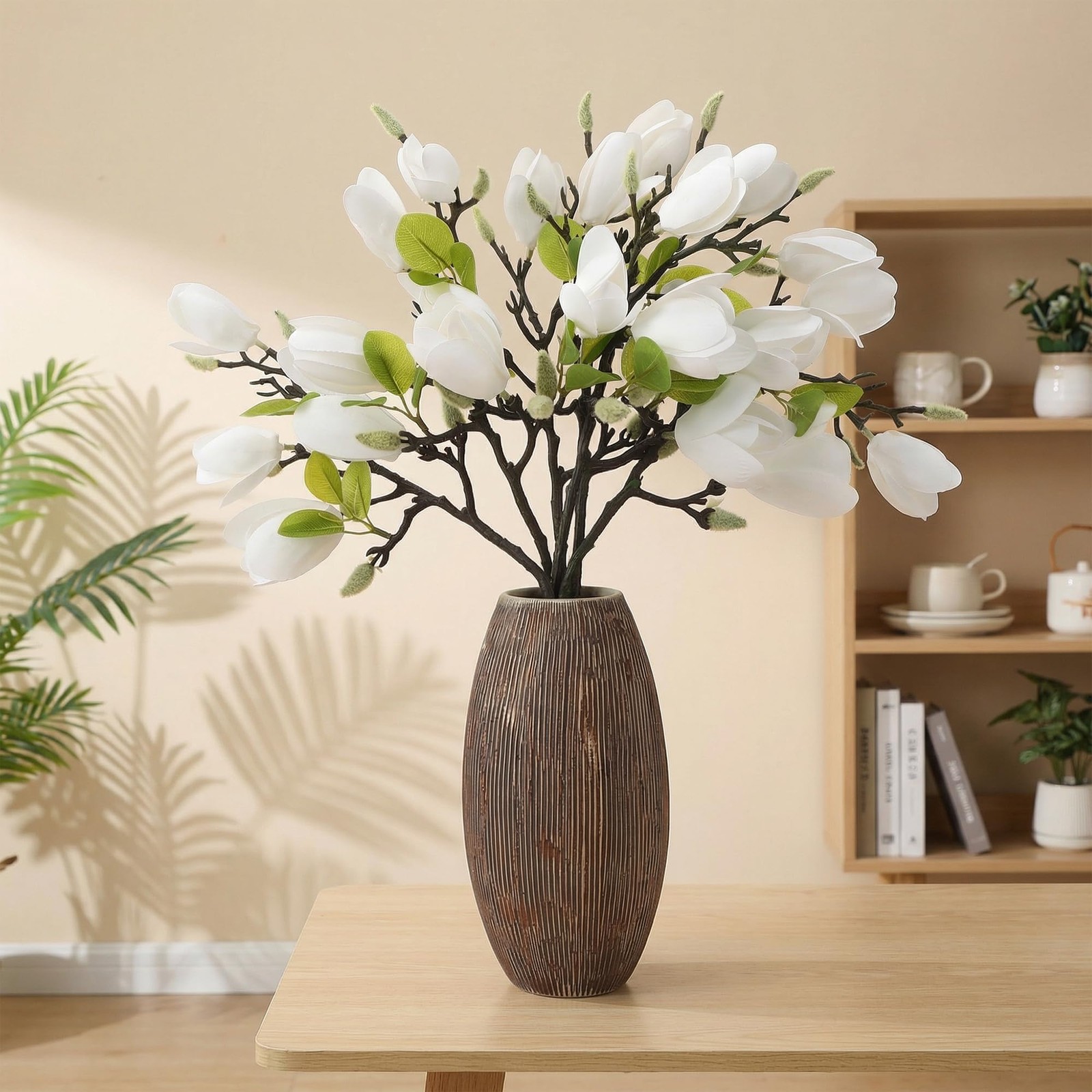 6 PCS Artificial Magnolia Flowers Stems 19.1 Inch Fake White Flora Branches R…