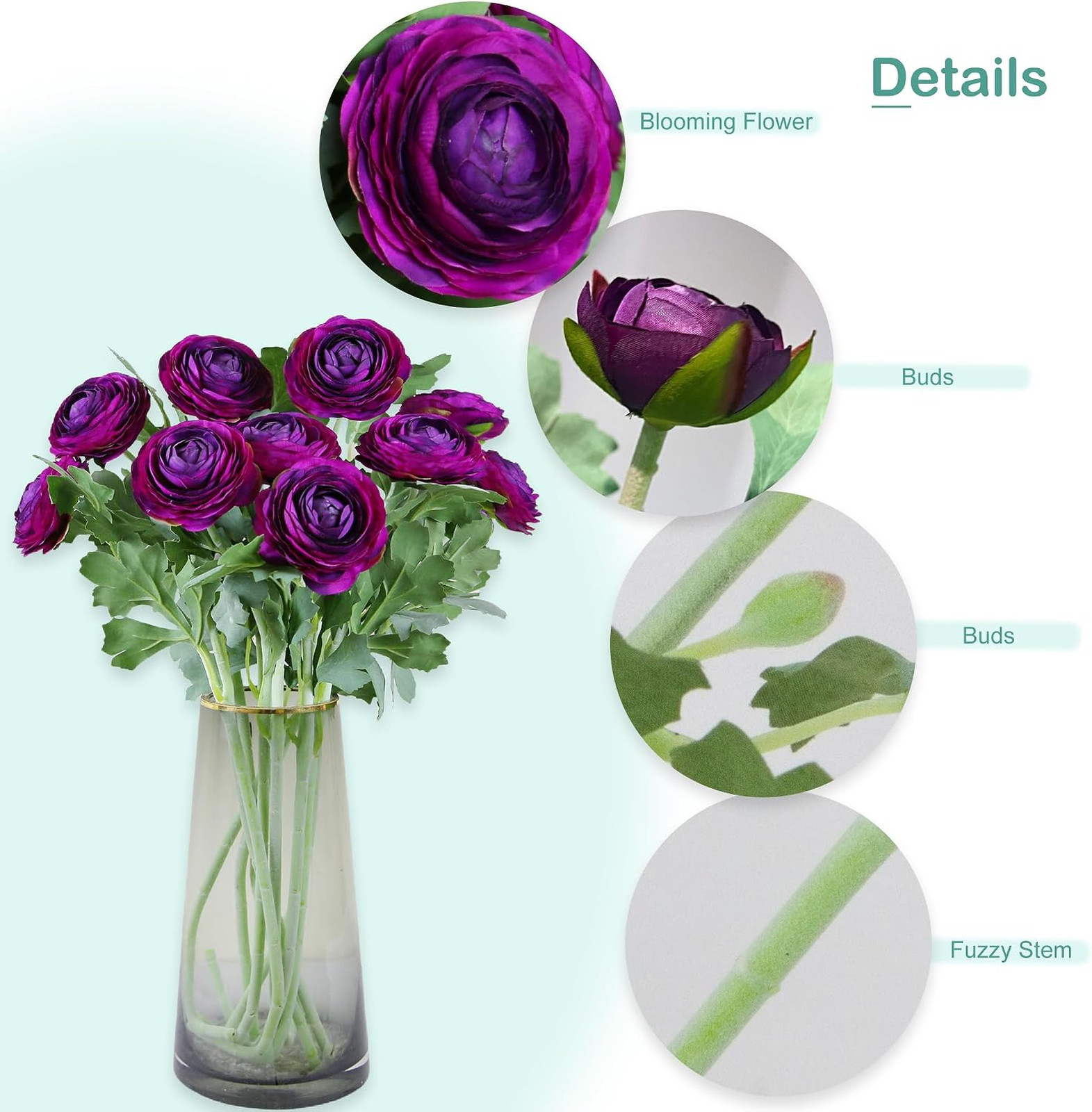 Artificial Ranunculus Flowers Purple 10 Pack Silk Blooming Stems Fuzzy Wired for