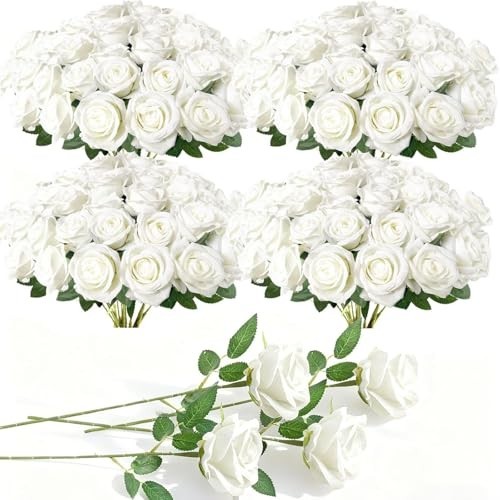 100 Pcs White Artificial Roses with Stems for Wedding Home Decor