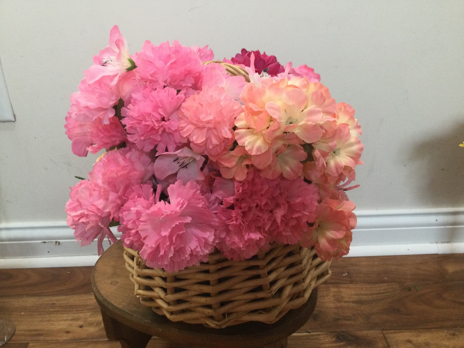 Garden Pink Silk Floral Arrangement in a Woven Basket carnations roses daisy