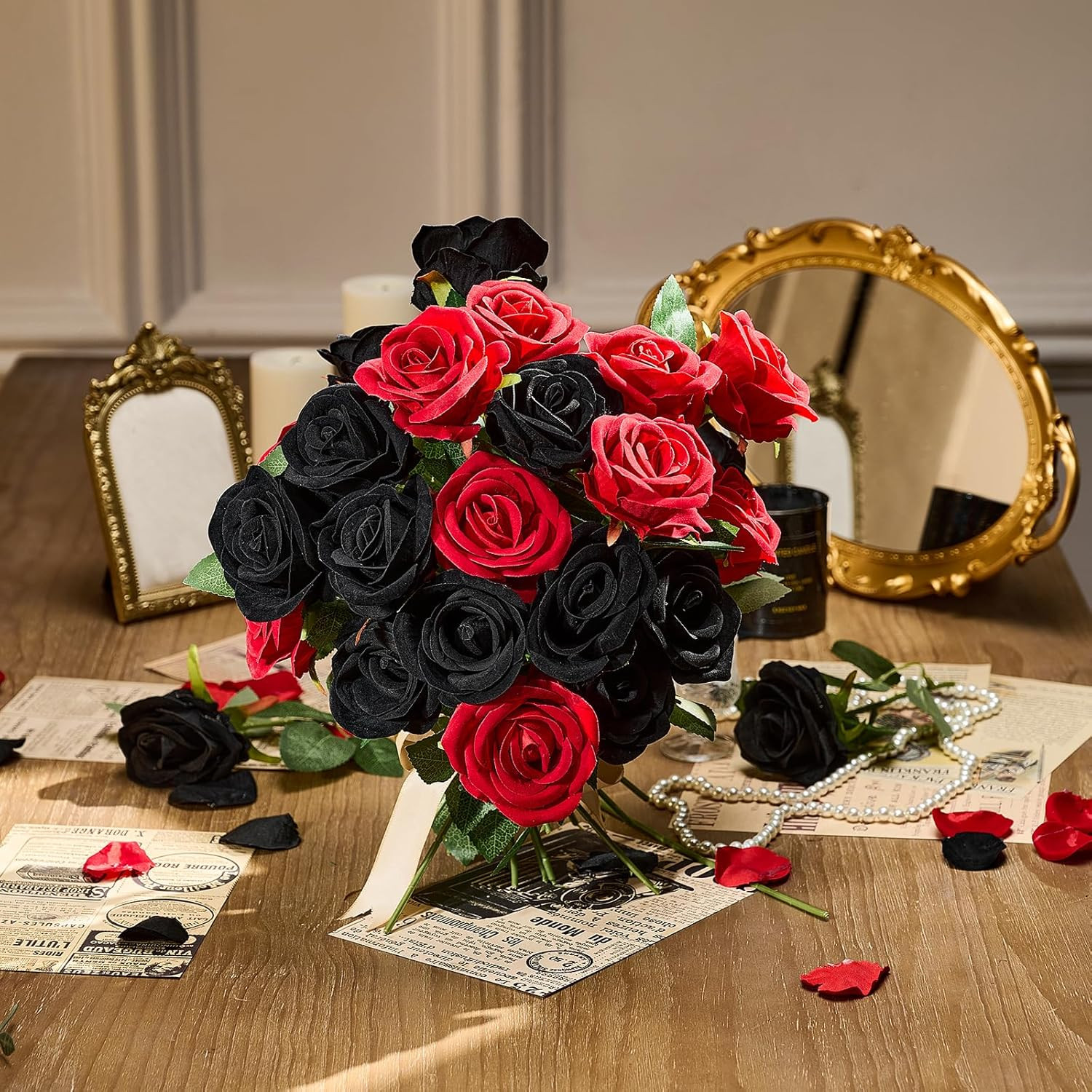 Amyhomie 48 PCS Black Roses Velvet Realistic Artificial Flowers with Bendable St
