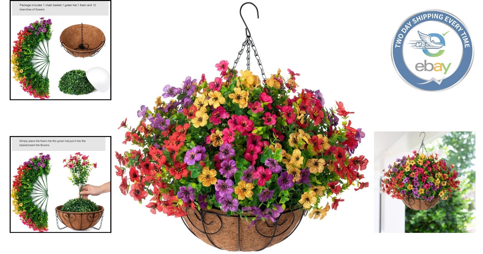 Charming UV Resistant Hanging Flower Basket – -Round Daisy Eucalyptus Decor