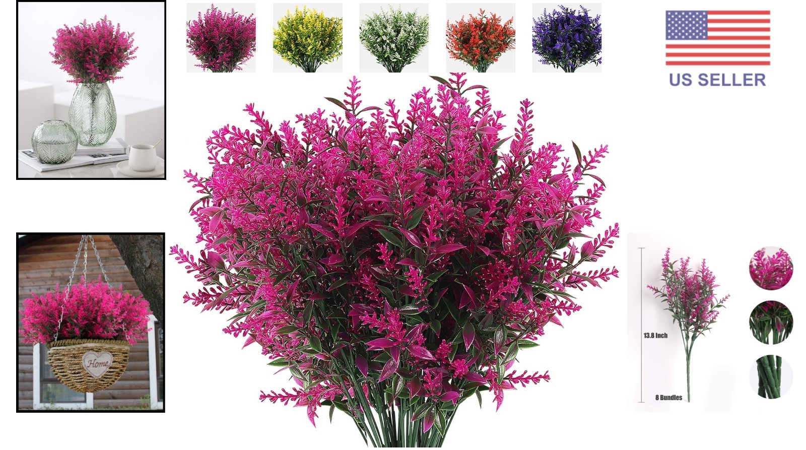 8 Bundles of Lifelike UV Resistant Lavender Flowers for Indoor/Outdoor Decor