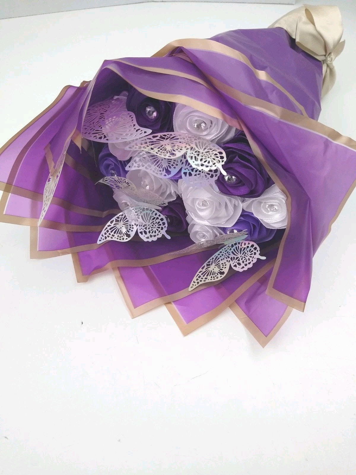Eternal Roses Bouquet Purple 12 Flowers Butterflies 17″ X 10″ Wedding Celebrate