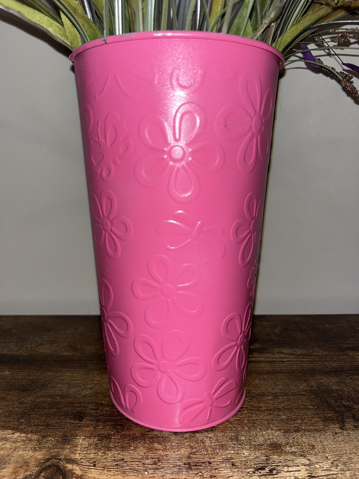 Artificial Purple Pink Flower Arrangement, Pink 9” Metal Vase Planter Home Decor